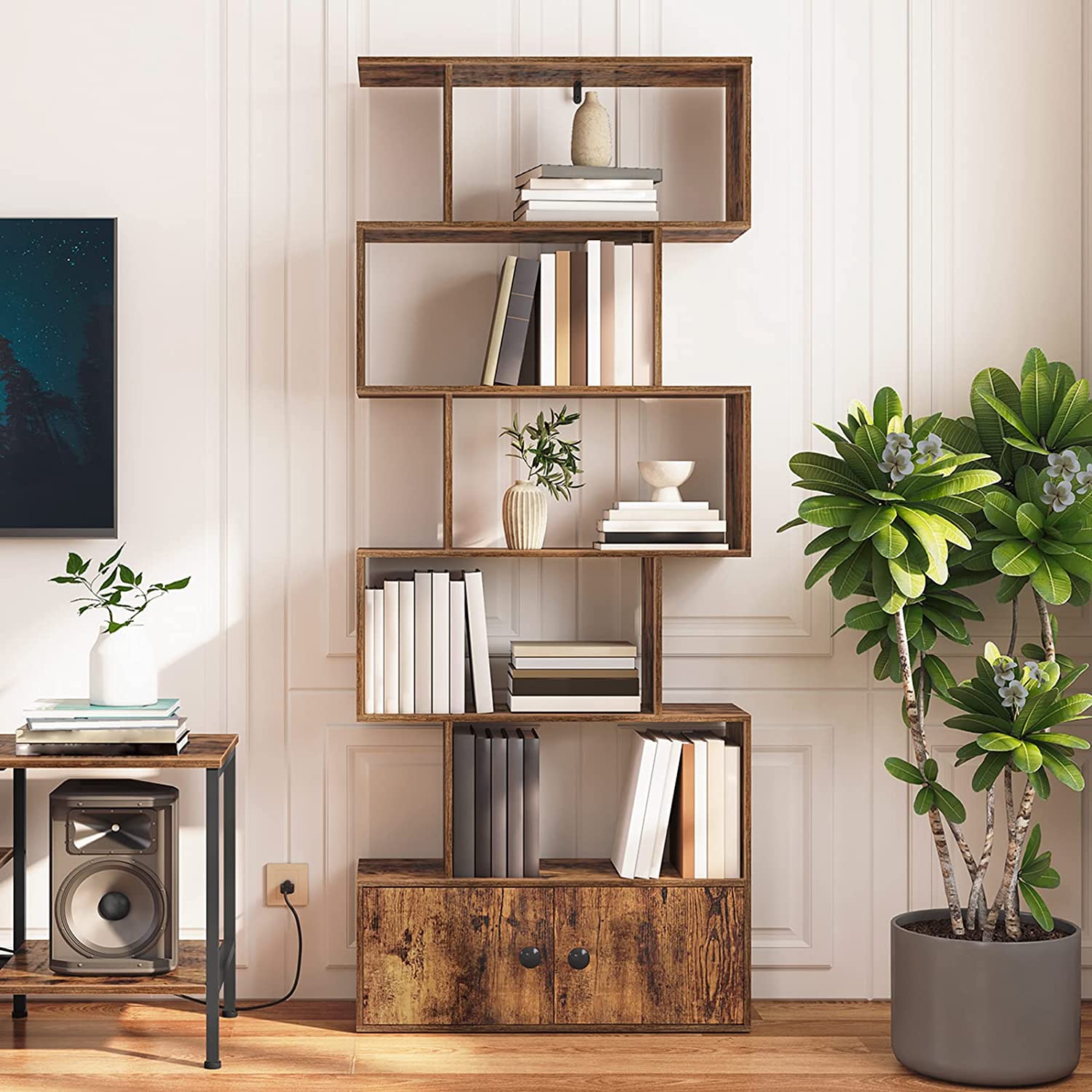 Bookshelf with Cabinet, 6-Tier Bookcase with Doors, S-Shaped Wooden Shelves, Freestanding Storage Rack Rustic Book Shelf