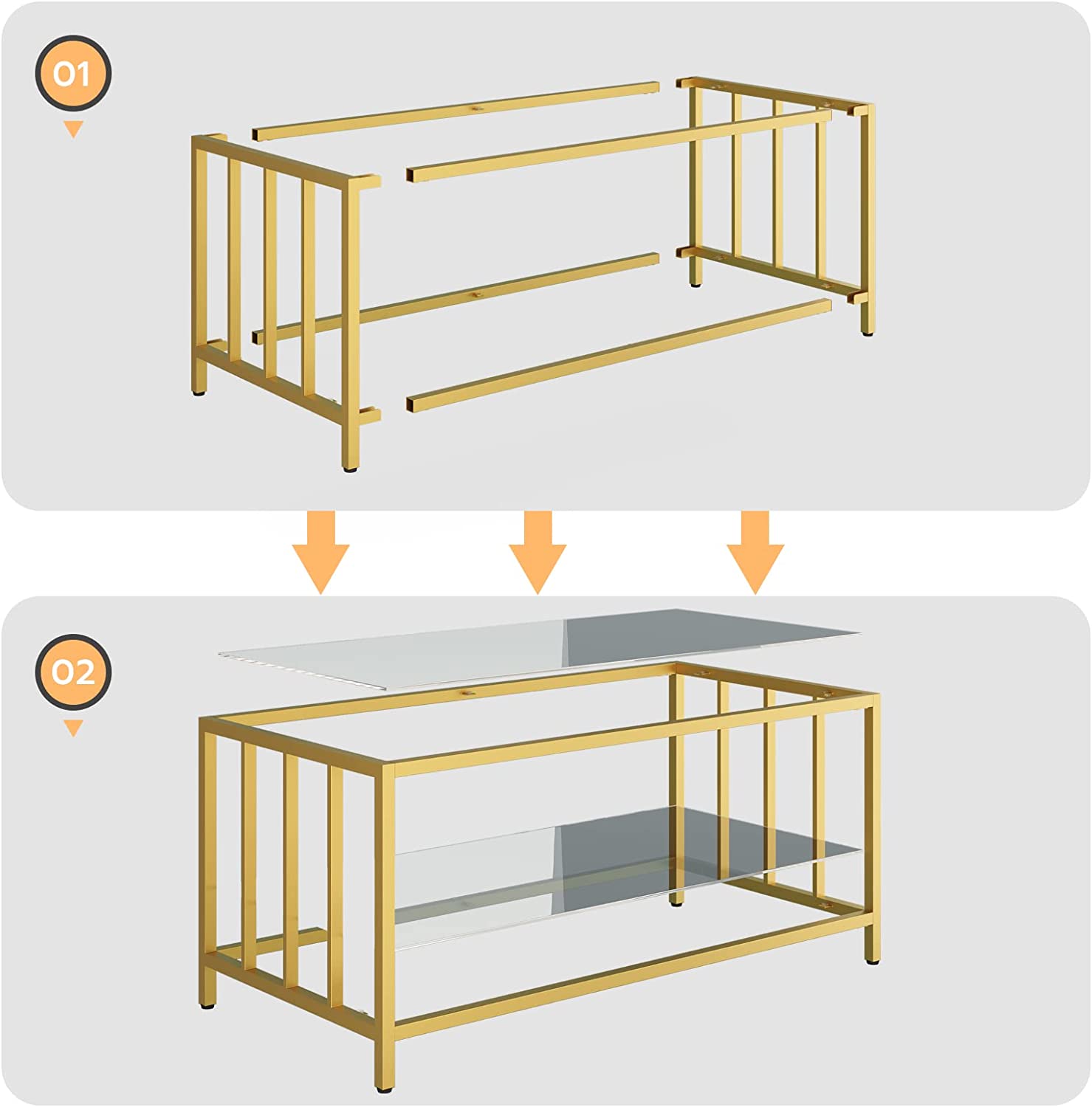 Glass Coffee Table, 2-Layer Gold Rectangle Coffee Table