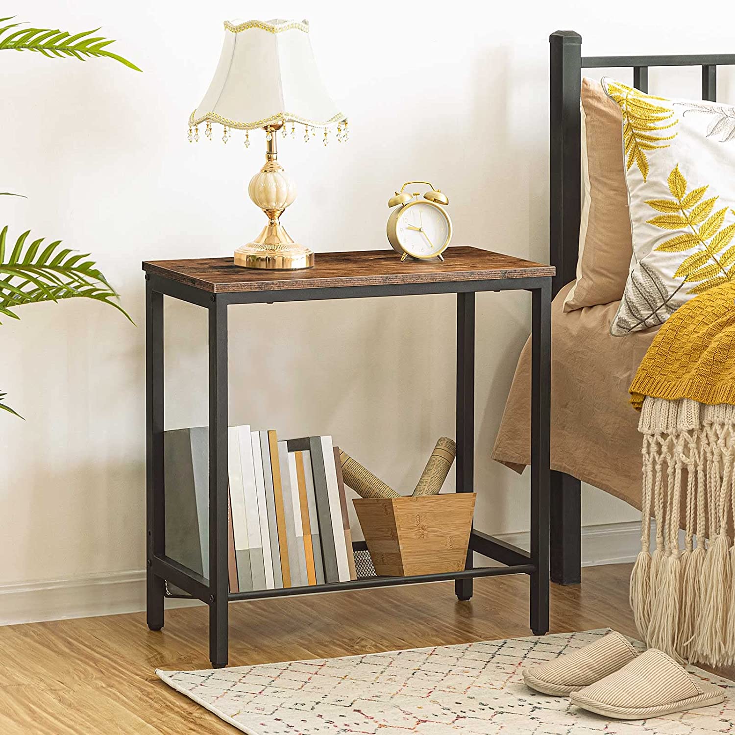 Side Table, Set of 2 Narrow Nightstands, Industrial End Table with Adjustable Mesh Shelf