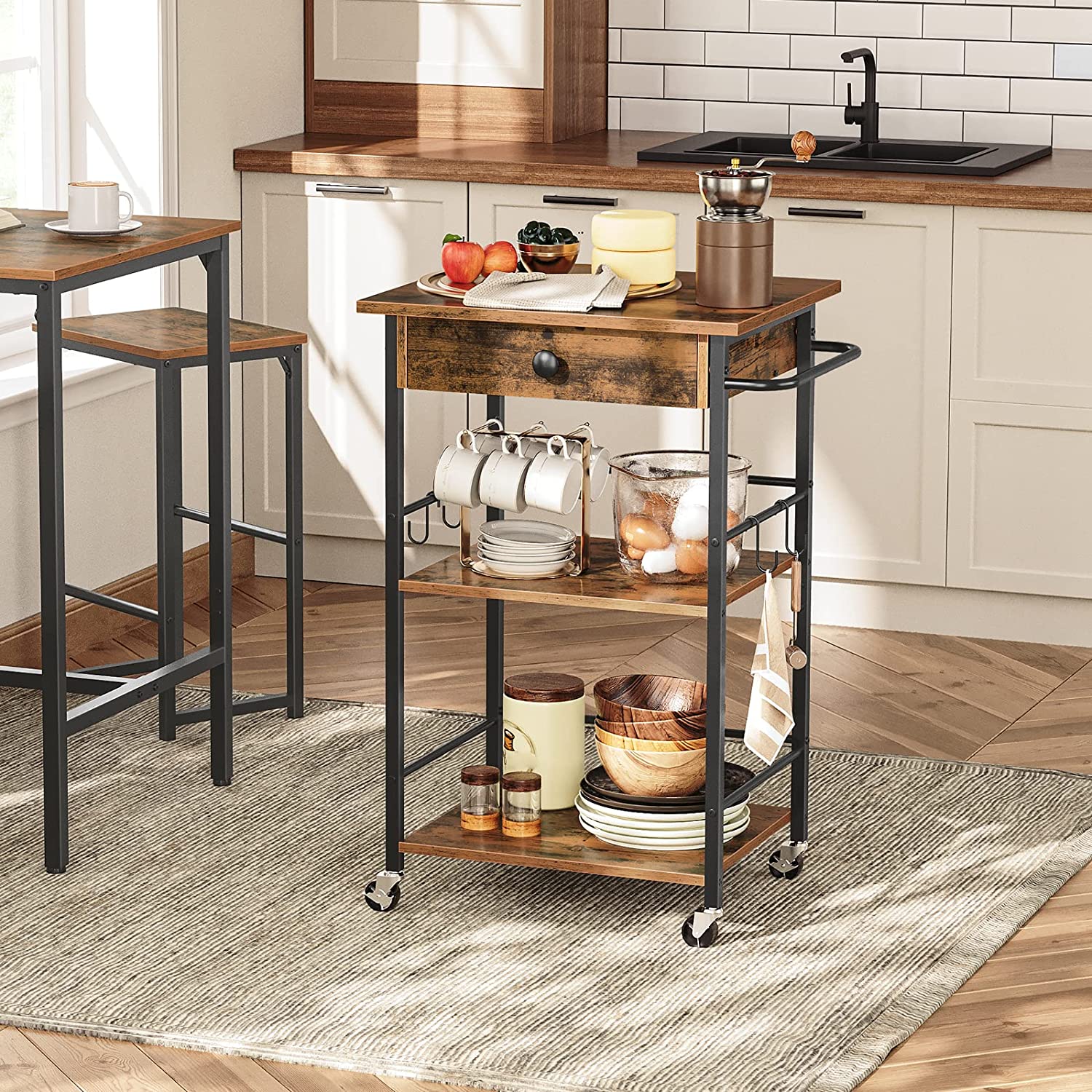 Kitchen Island Cart with Drawer, 3-Tier Storage Cart on Wheels, Kitchen Rolling Cart