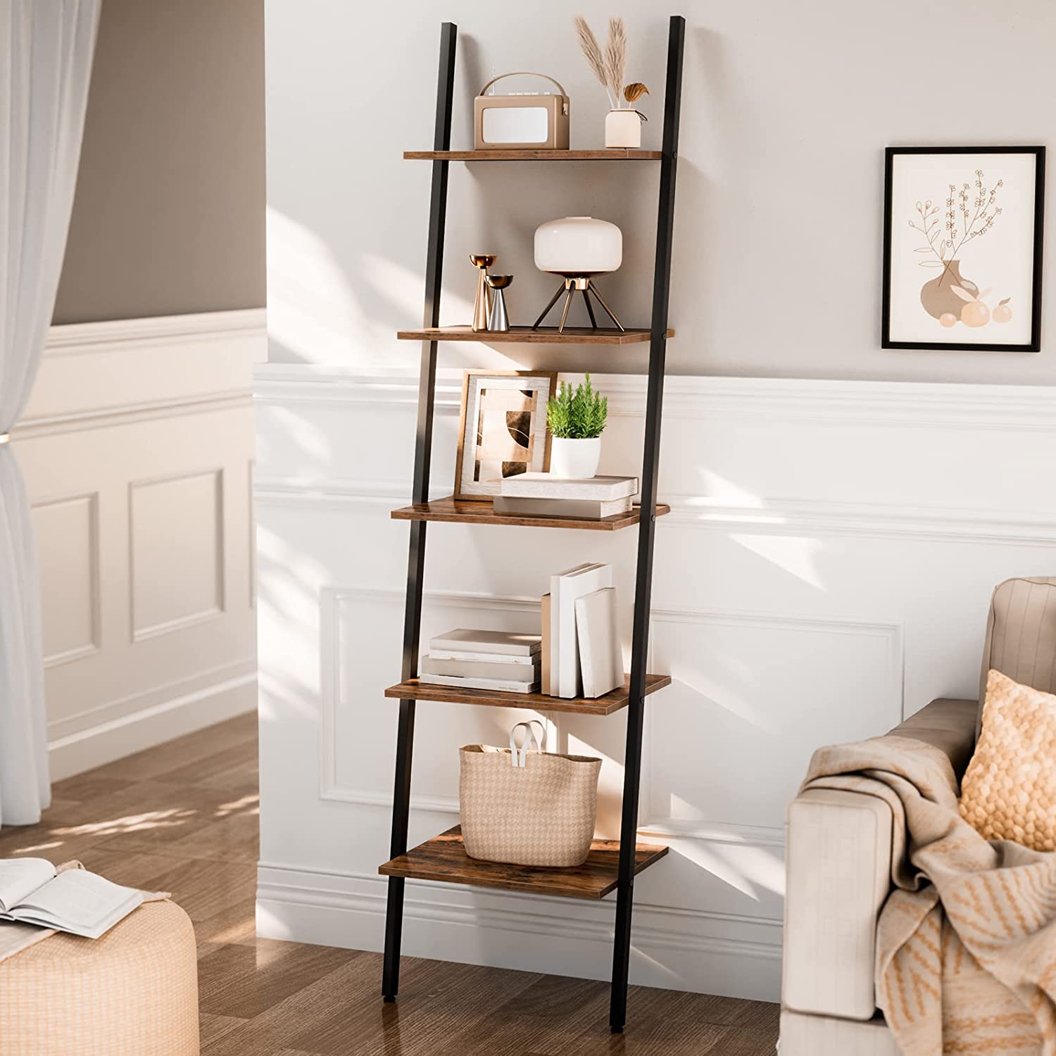 Ladder Shelf Leaning Shelf, 5-Tier Narrow Bookshelf, Leaning Bookshelf with Steel Frame