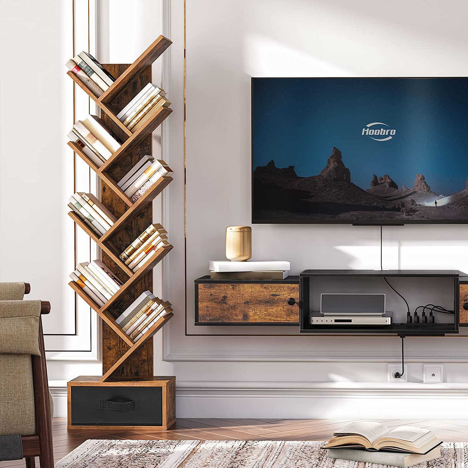 Bookshelf, 9-Tier Tree Bookcase, Wooden Free Standing Bookshelf