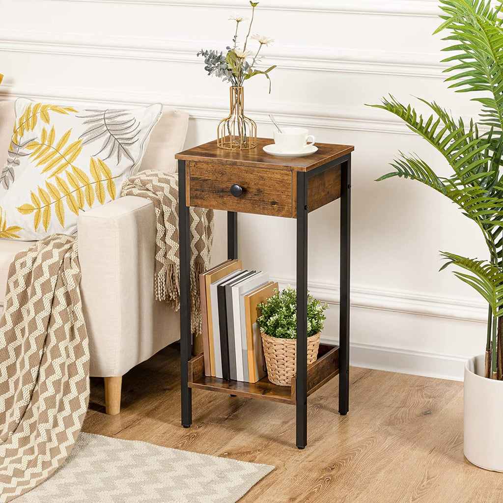Nightstand, End Table, Tall Nightstand with Drawer and Storage Shelf, Industrial End Telephone Table