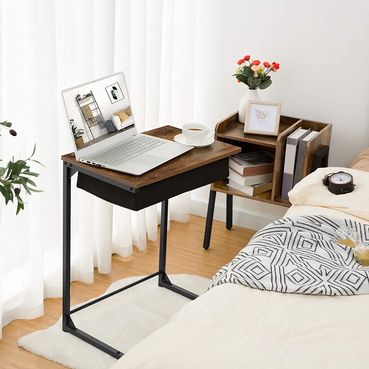 C-Shape Side Table, Flip Top Sofa End Table with Fabric Basket