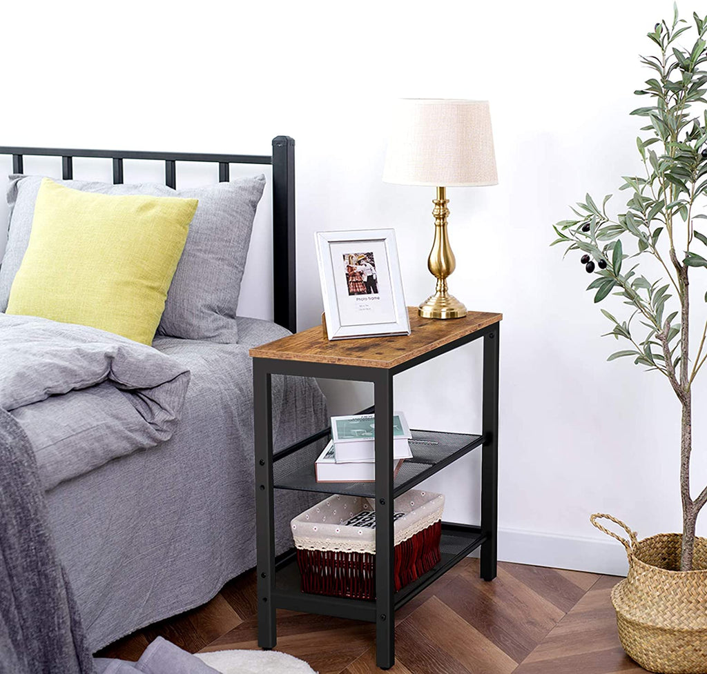 Side Table, 3-Tier Narrow End Table, Nightstand with 2 Flat or Slant Adjustable Shelves