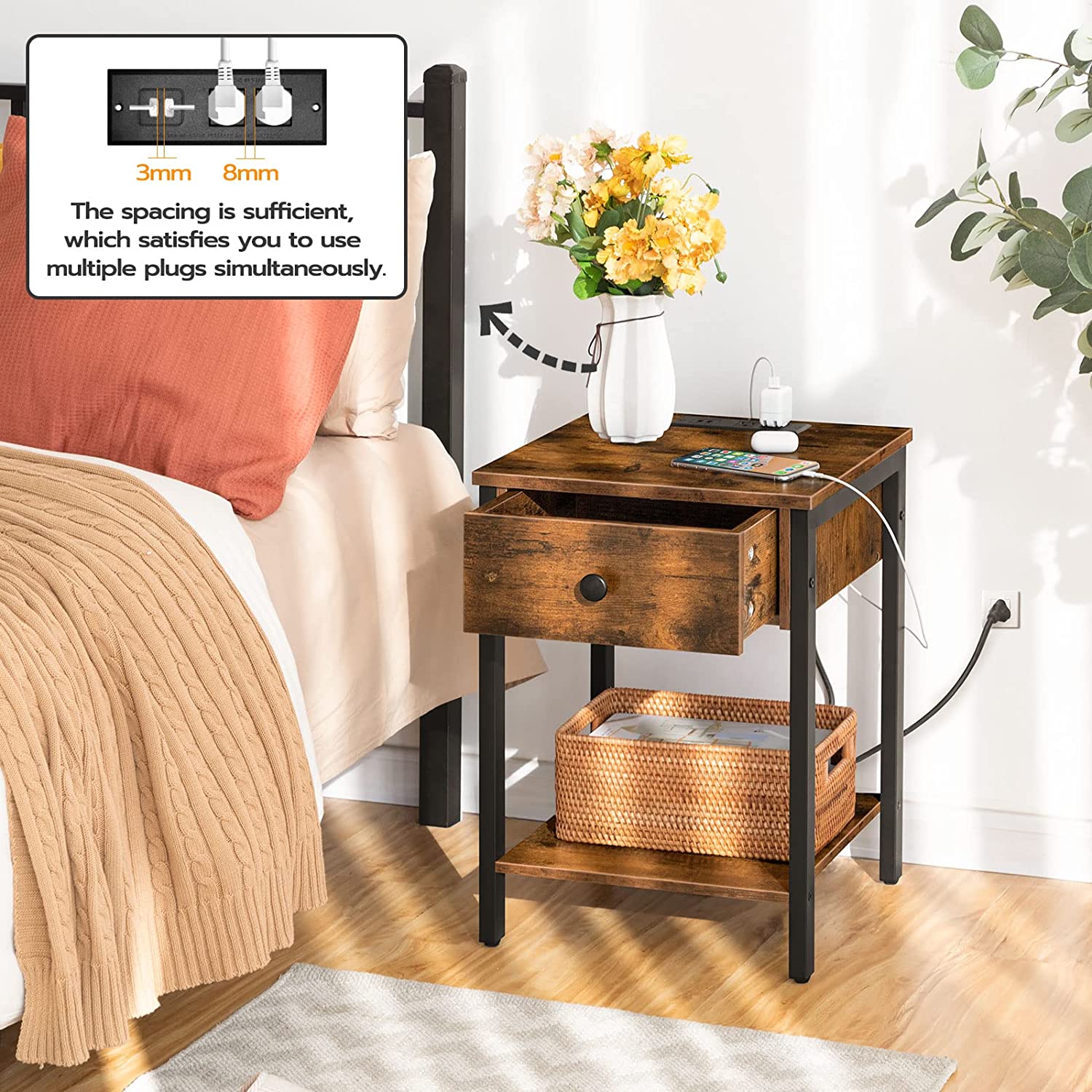 Set of 2 End Tables with Charging Station and USB Ports, Nightstand with Drawer and Storage Shelf