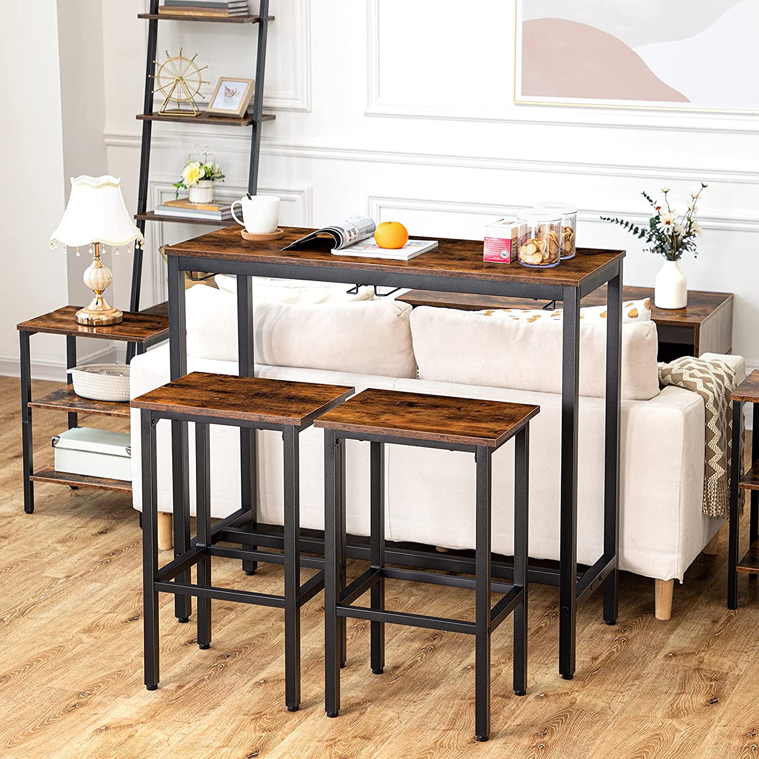 Bar Table with 2 Bar Stools, Hang Bar Chair Under Bar Table, 3 Piece Dining Table Set