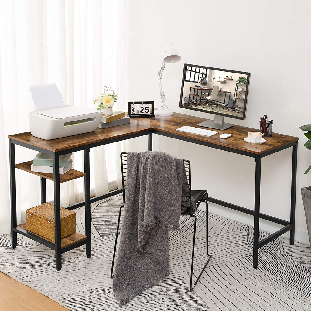 L-Shaped Computer Desk, Industrial Corner Writing Desk with Adjustable Shelves, Study Workstation