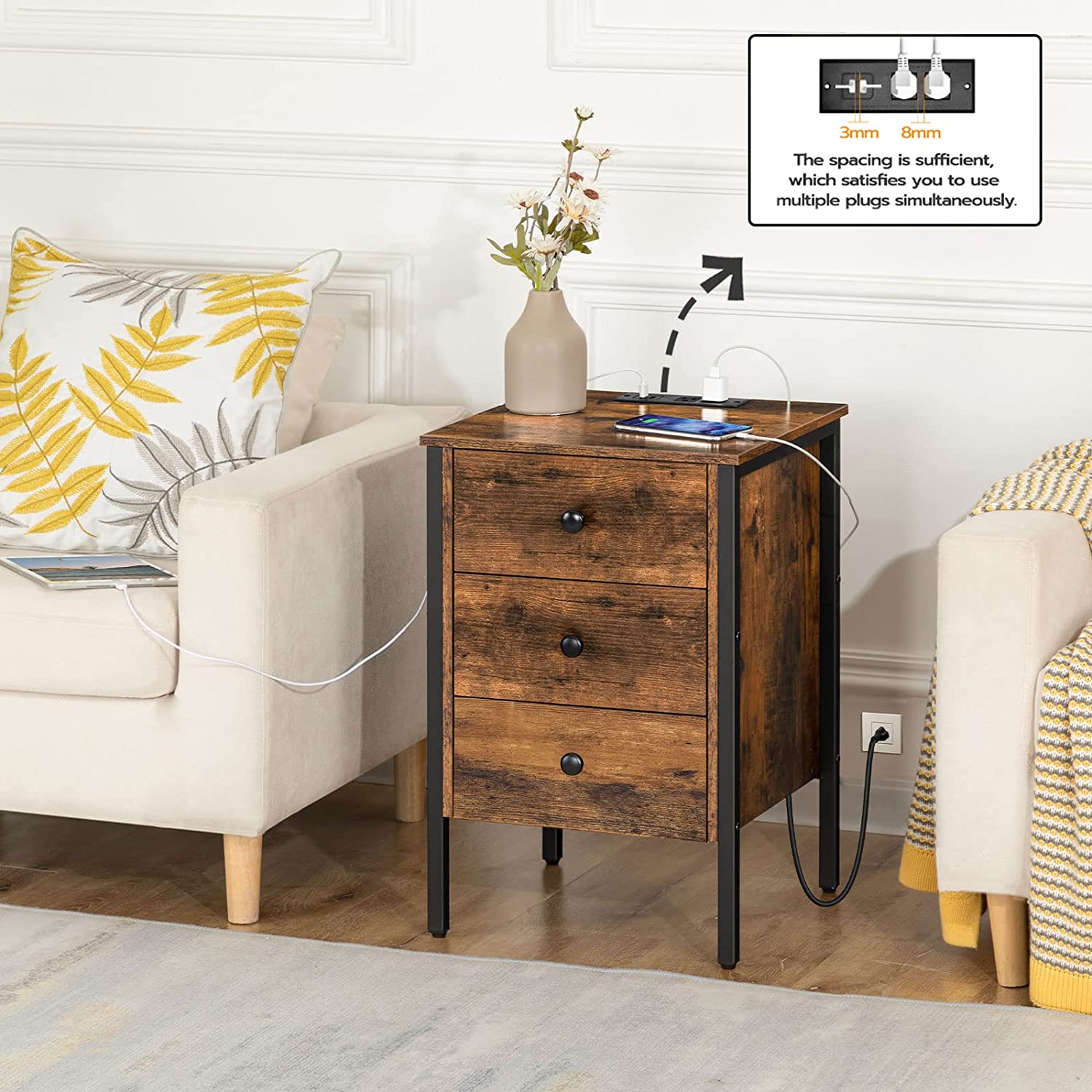 Nightstand, End Table with Charging Station and USB Ports, Side Table with 3 Drawers and Storage Shelf