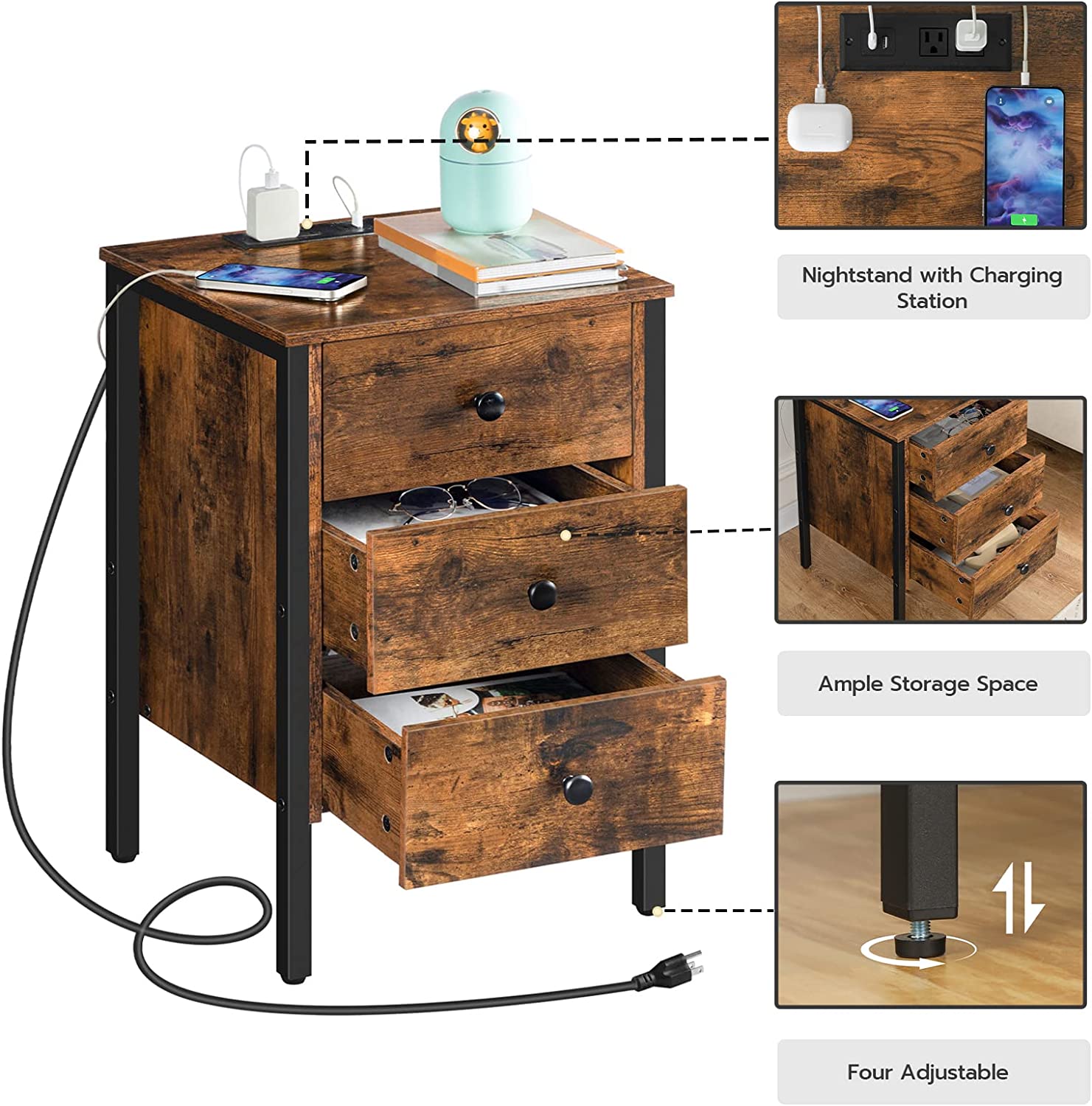 Nightstand, End Table with Charging Station and USB Ports, Side Table with 3 Drawers and Storage Shelf