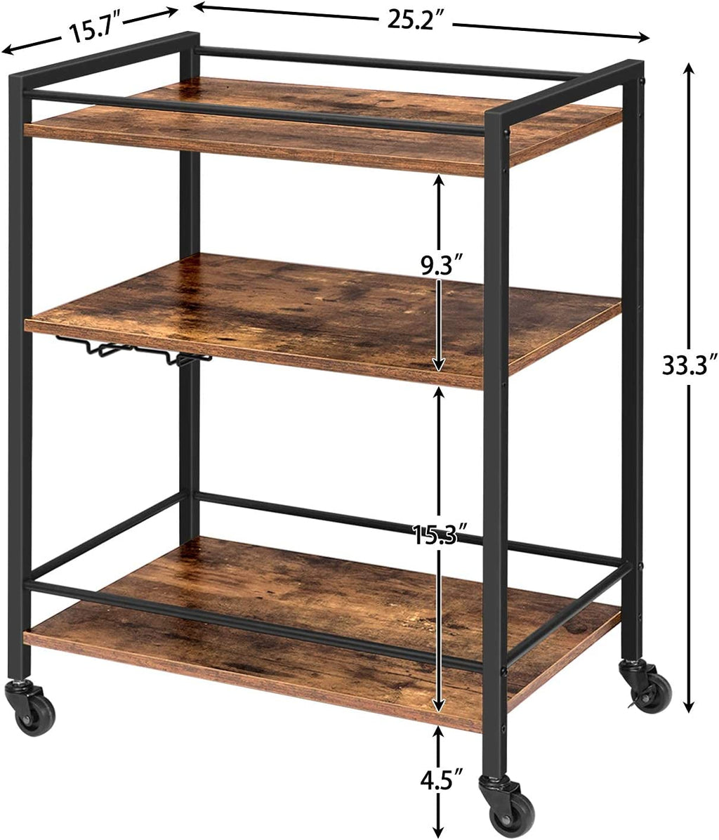 Bar Cart, 3-Tier Rolling Serving Cart on Wheels, Storage Cart with 2-Tier Glass Holder and Wine Bottle Racks