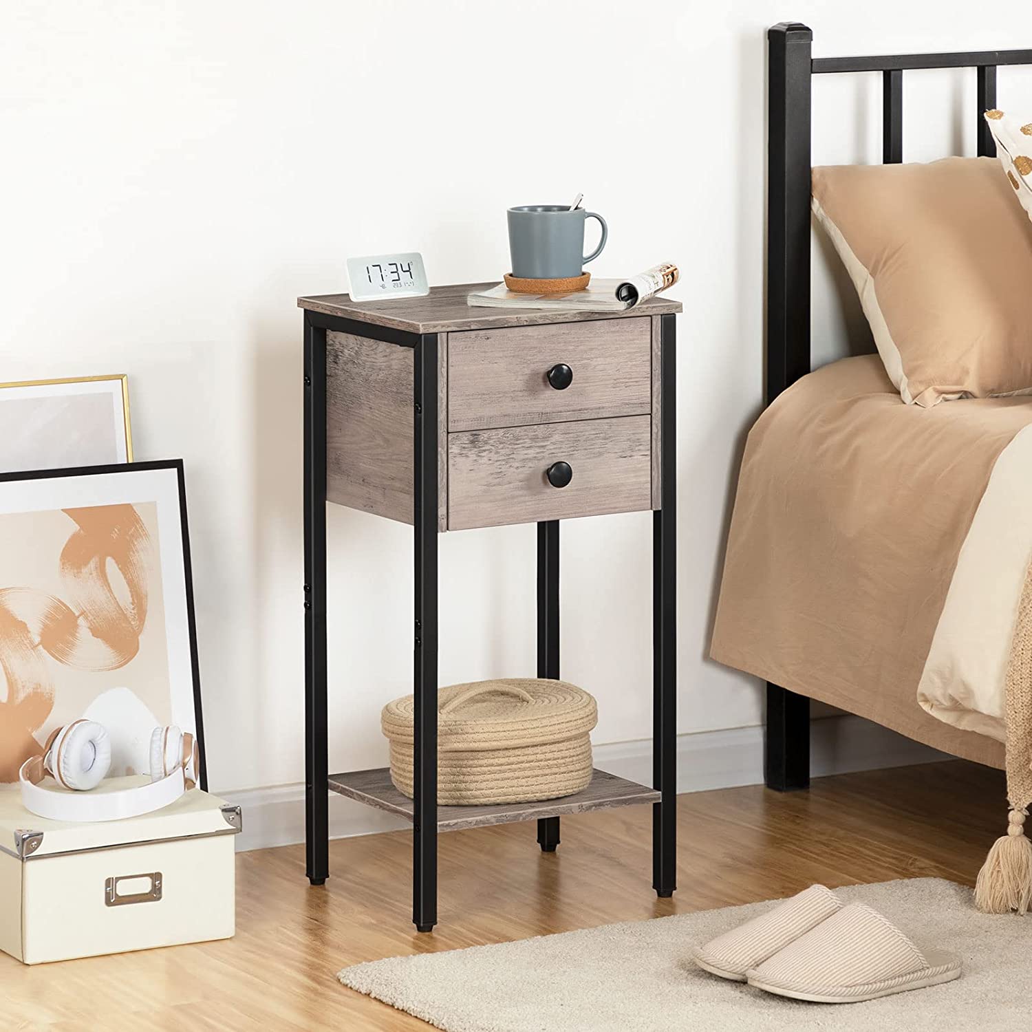 Tall Nightstand, Bedside Table with 2 Drawers and Storage Shelf, Industrial Telephone End Table