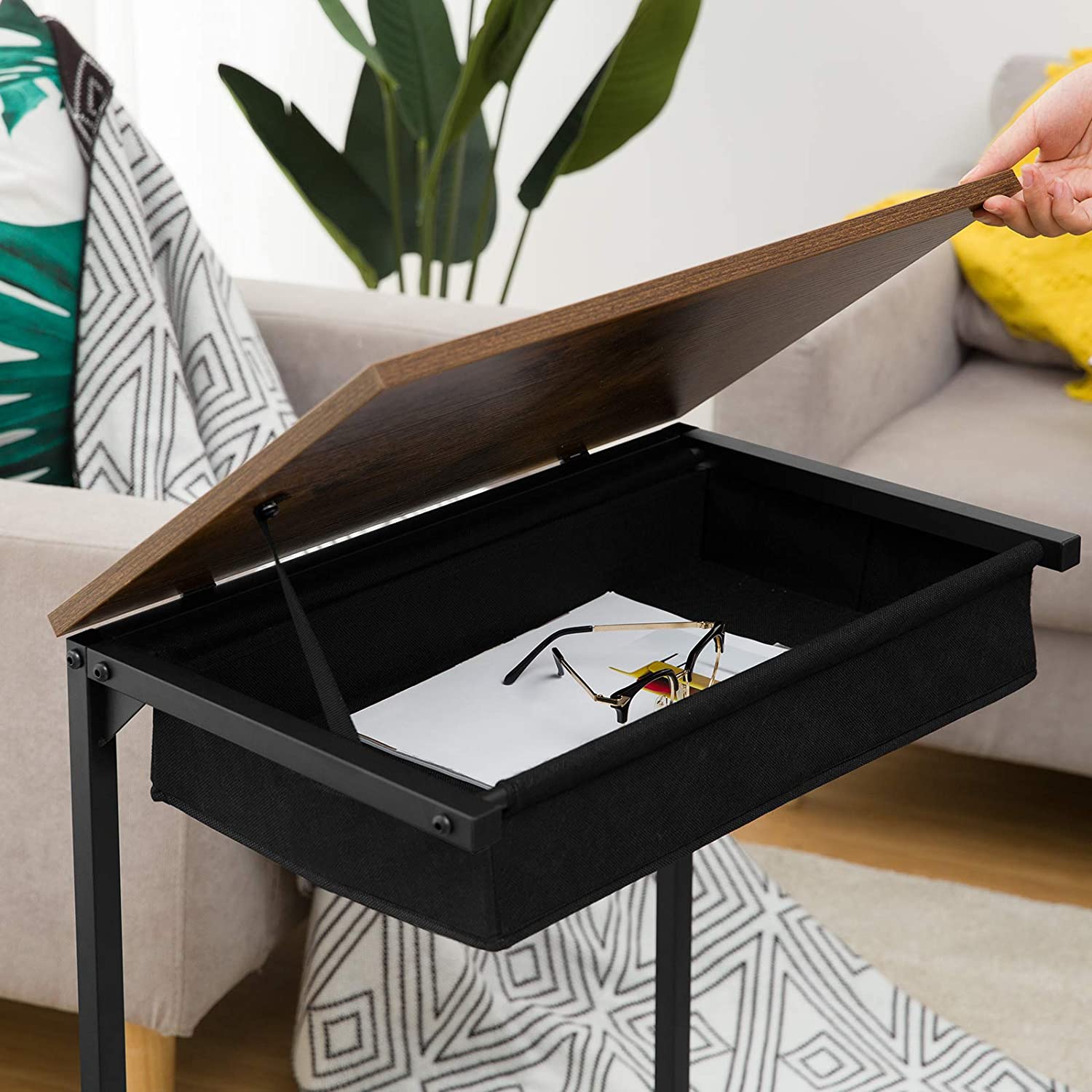 C-Shape Side Table, Flip Top Sofa End Table with Fabric Basket