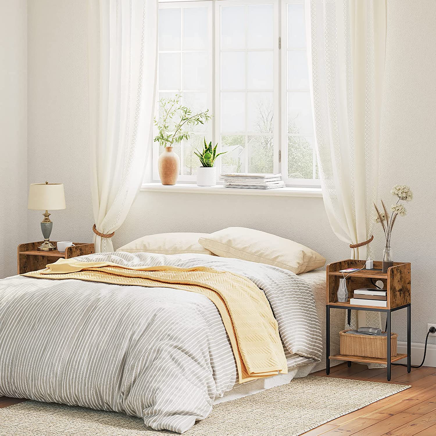End Table with Charging Station, Nightstand with Open Drawer, Side Table with USB Ports and Outlets