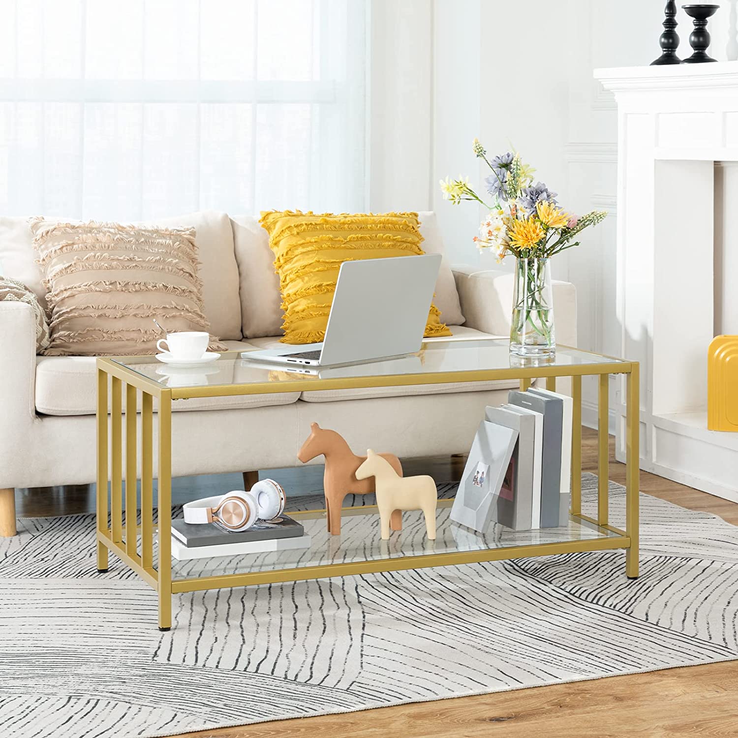 Glass Coffee Table, 2-Layer Gold Rectangle Coffee Table