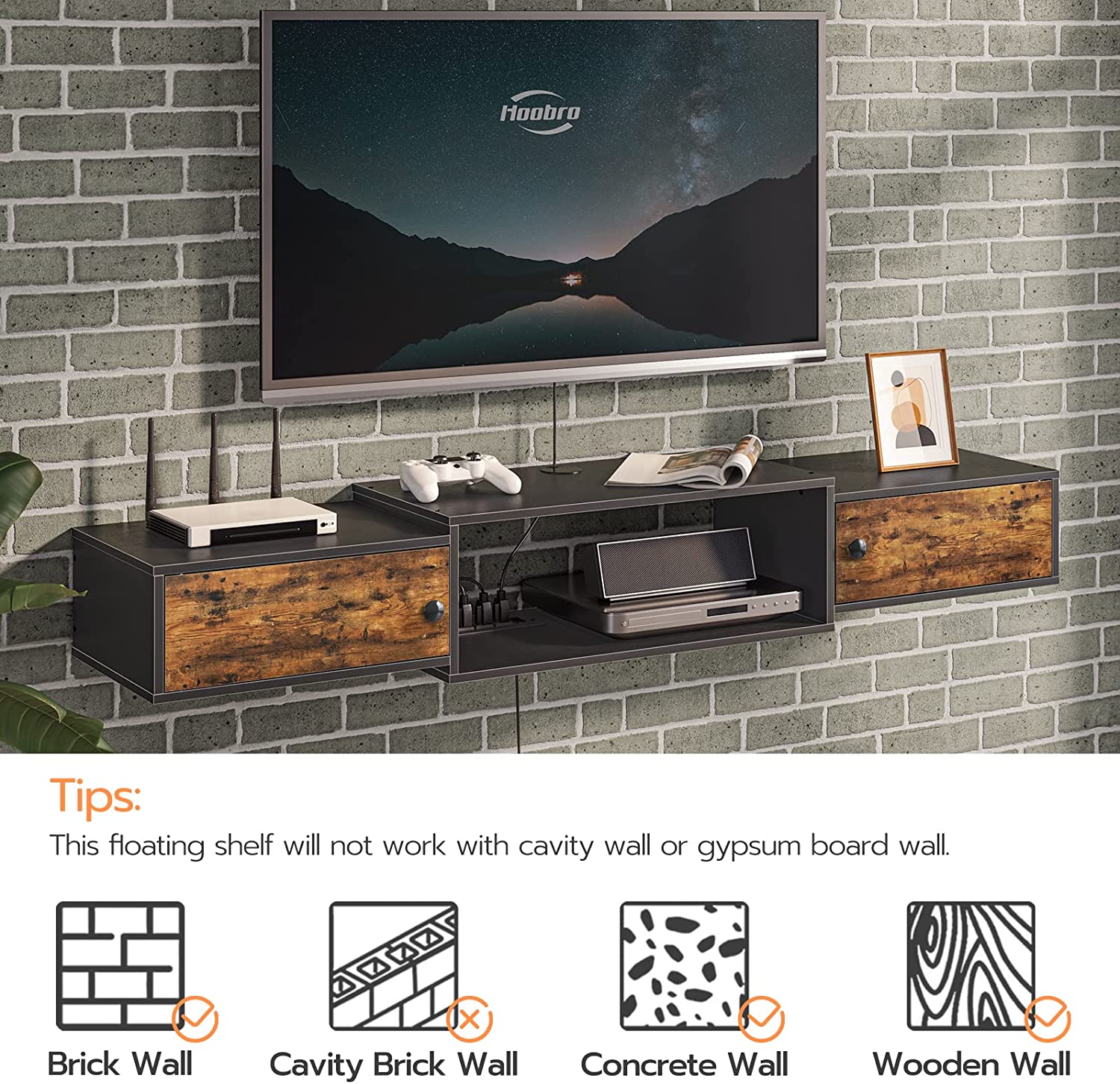Floating TV Stand, TV Shelf with Power Outlet, Wall Mounted Media Console with Doors