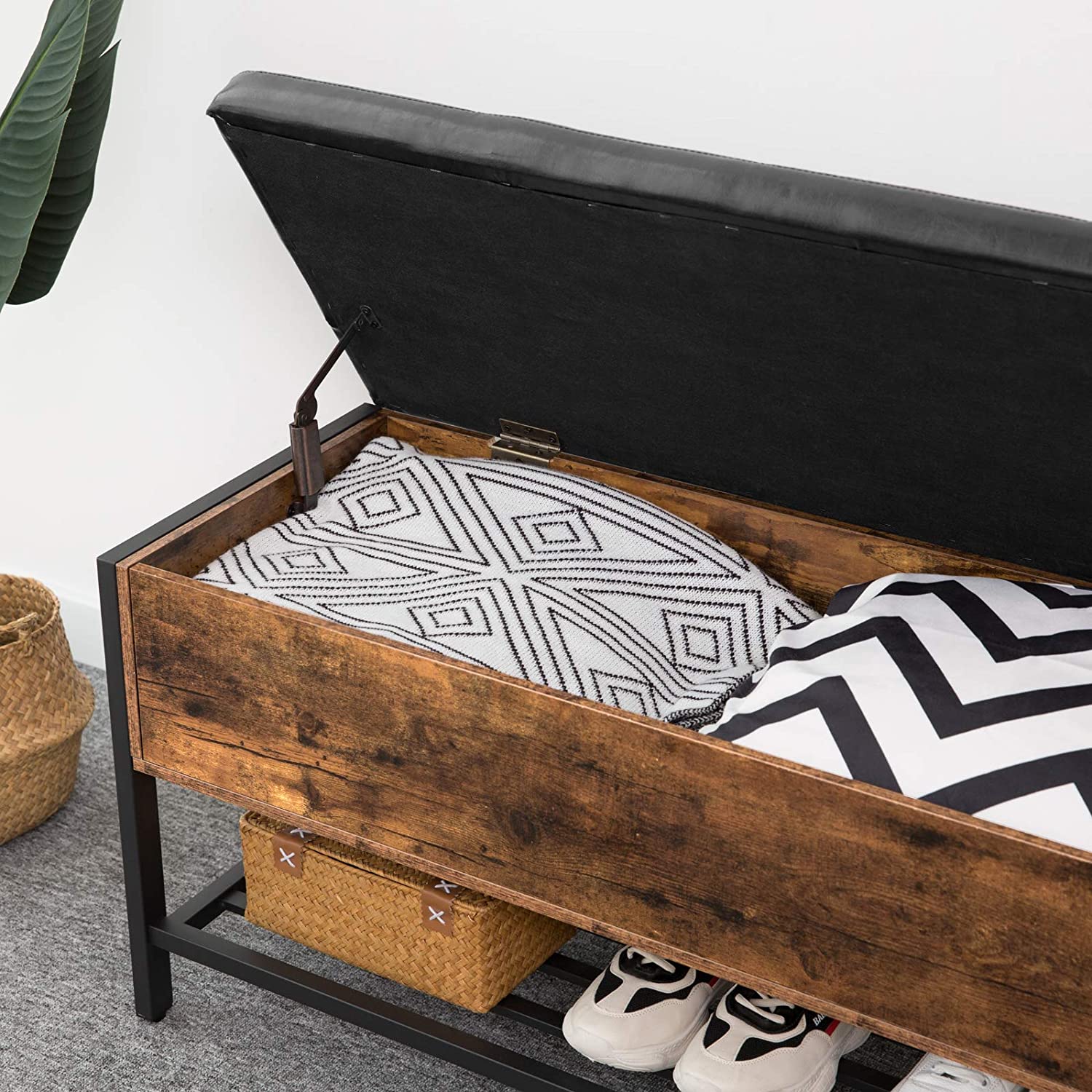 Storage Bench with Seating, Shoe Bench with Metal Shelf, Toy Box Storage Chest