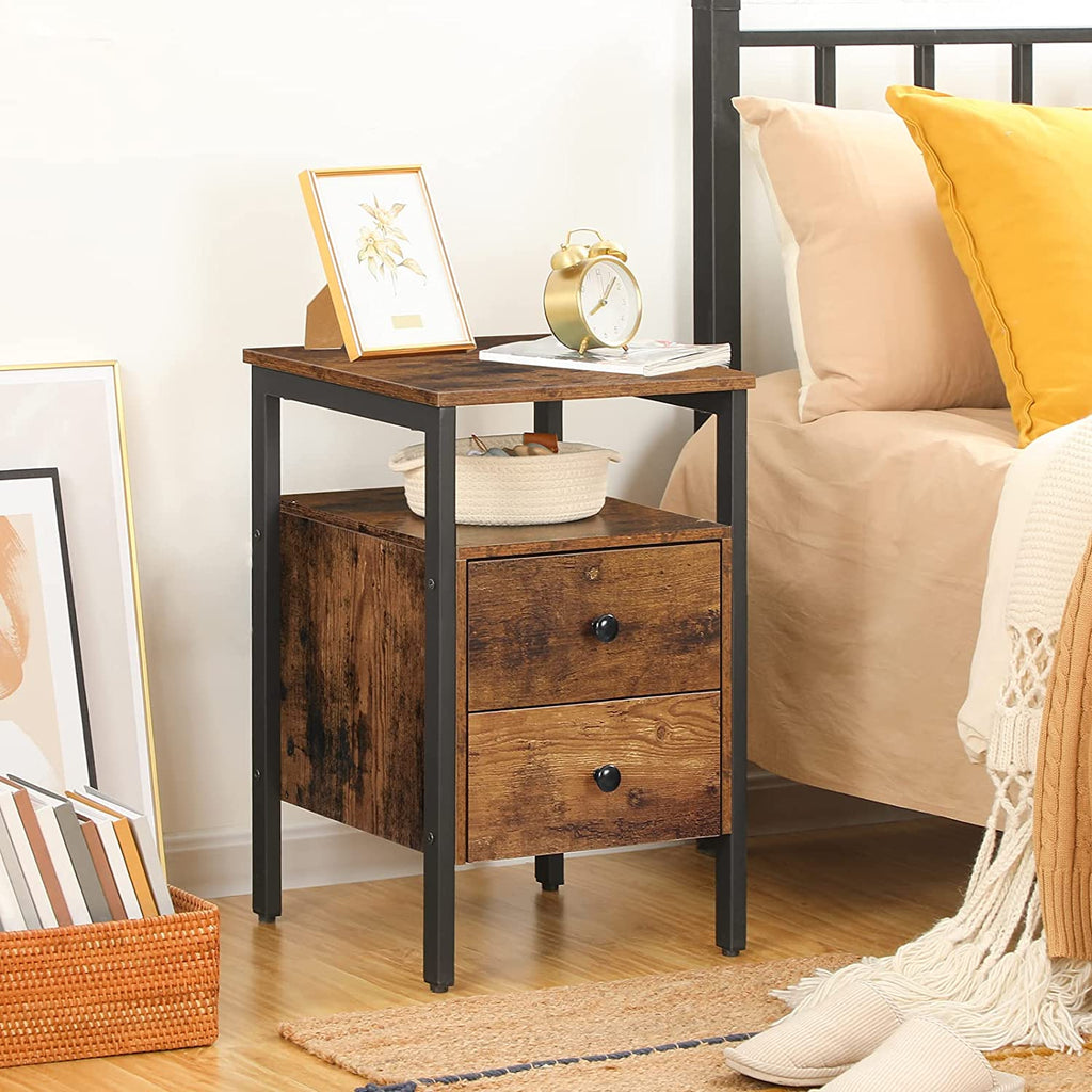 Nightstand, Bedside Table with 2 Drawers and Storage Shelves, Side End Table, Sofa Table