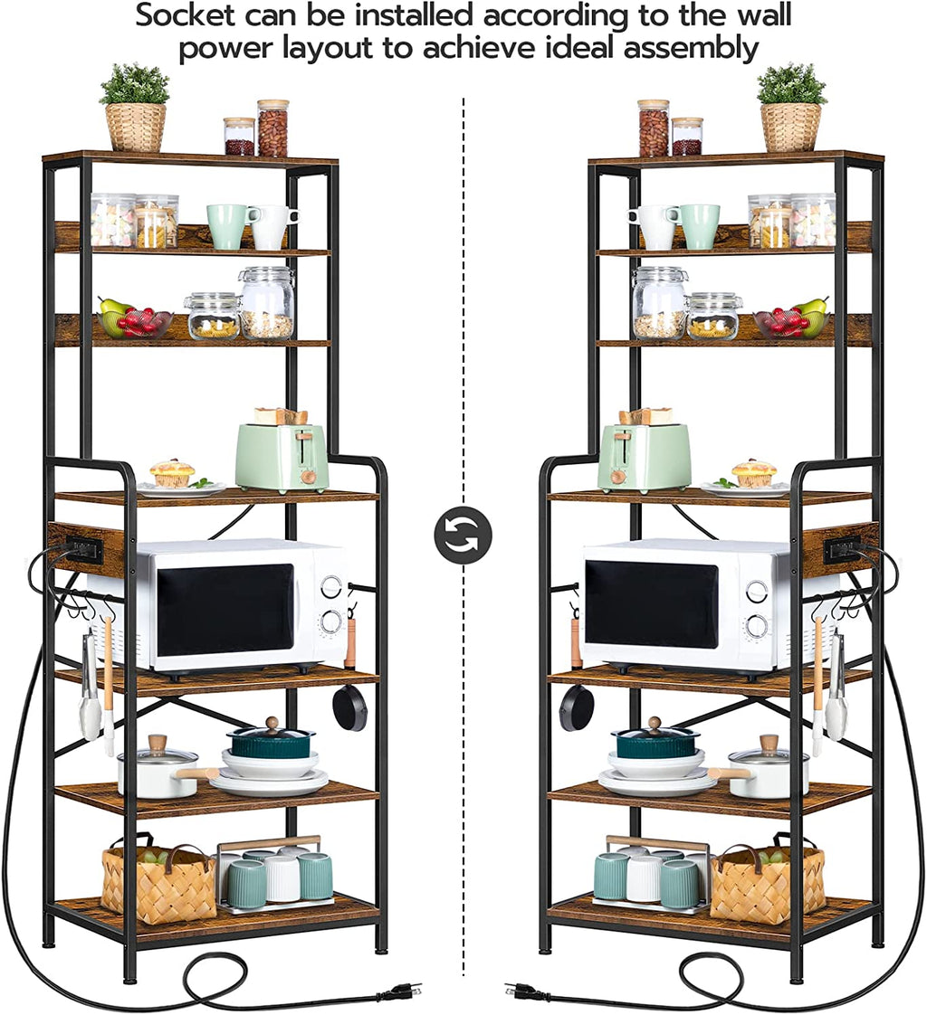 Bakers Rack with Power Outlet, Microwave Stand with 4 S-Shaped Hooks, 7-Tier Kitchen Shelves, Coffee Station