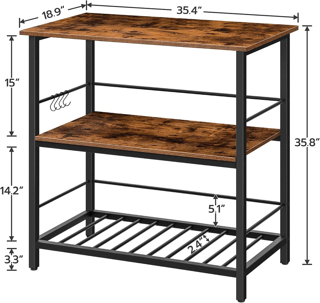 Kitchen Island with Wine Rack,Industrial Kitchen Counter with Hooks and Protective Rails, 3 Tier Kitchen Shelf