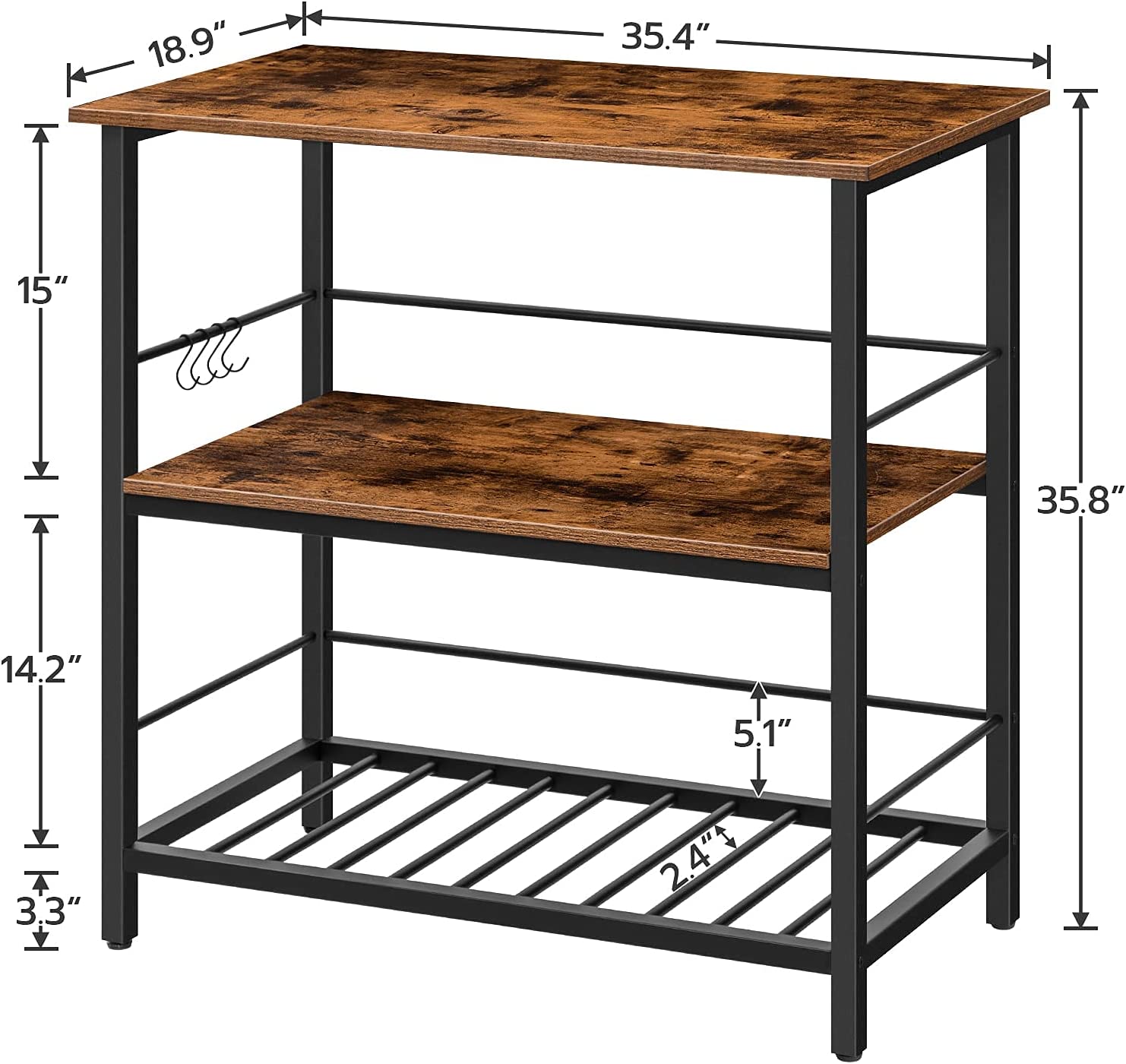 Kitchen Island with Wine Rack,Industrial Kitchen Counter with Hooks and Protective Rails, 3 Tier Kitchen Shelf