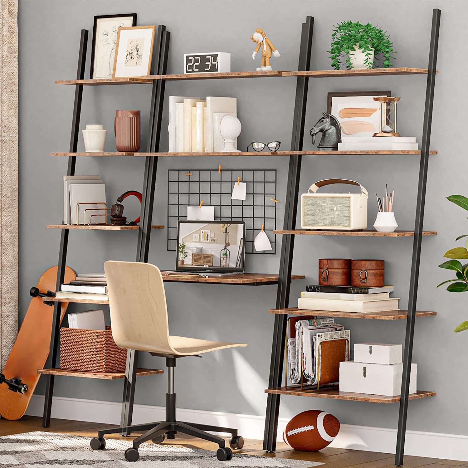 Ladder Shelf Leaning Shelf, 5-Tier Narrow Bookshelf, Leaning Bookshelf with Steel Frame