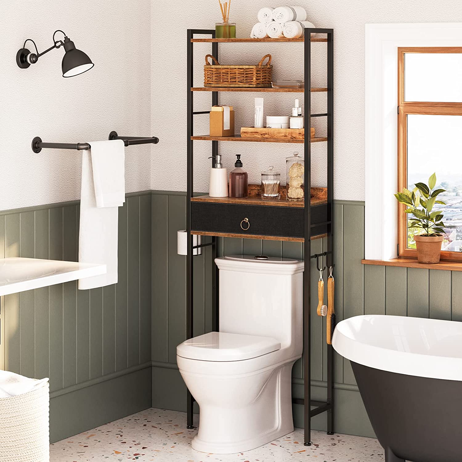 Over The Toilet Storage, 5 Tier Bathroom Organizer with Storage Drawer