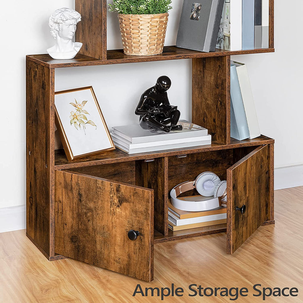 Bookshelf with Cabinet, 6-Tier Bookcase with Doors, S-Shaped Wooden Shelves, Freestanding Storage Rack Rustic Book Shelf