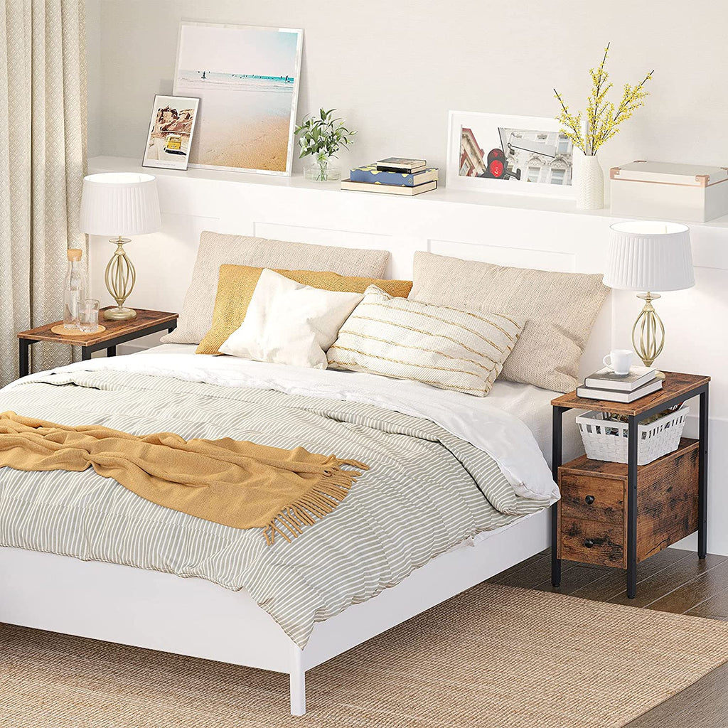 End Table, Narrow Chairside Table with Drawer and Open Storage Shelf
