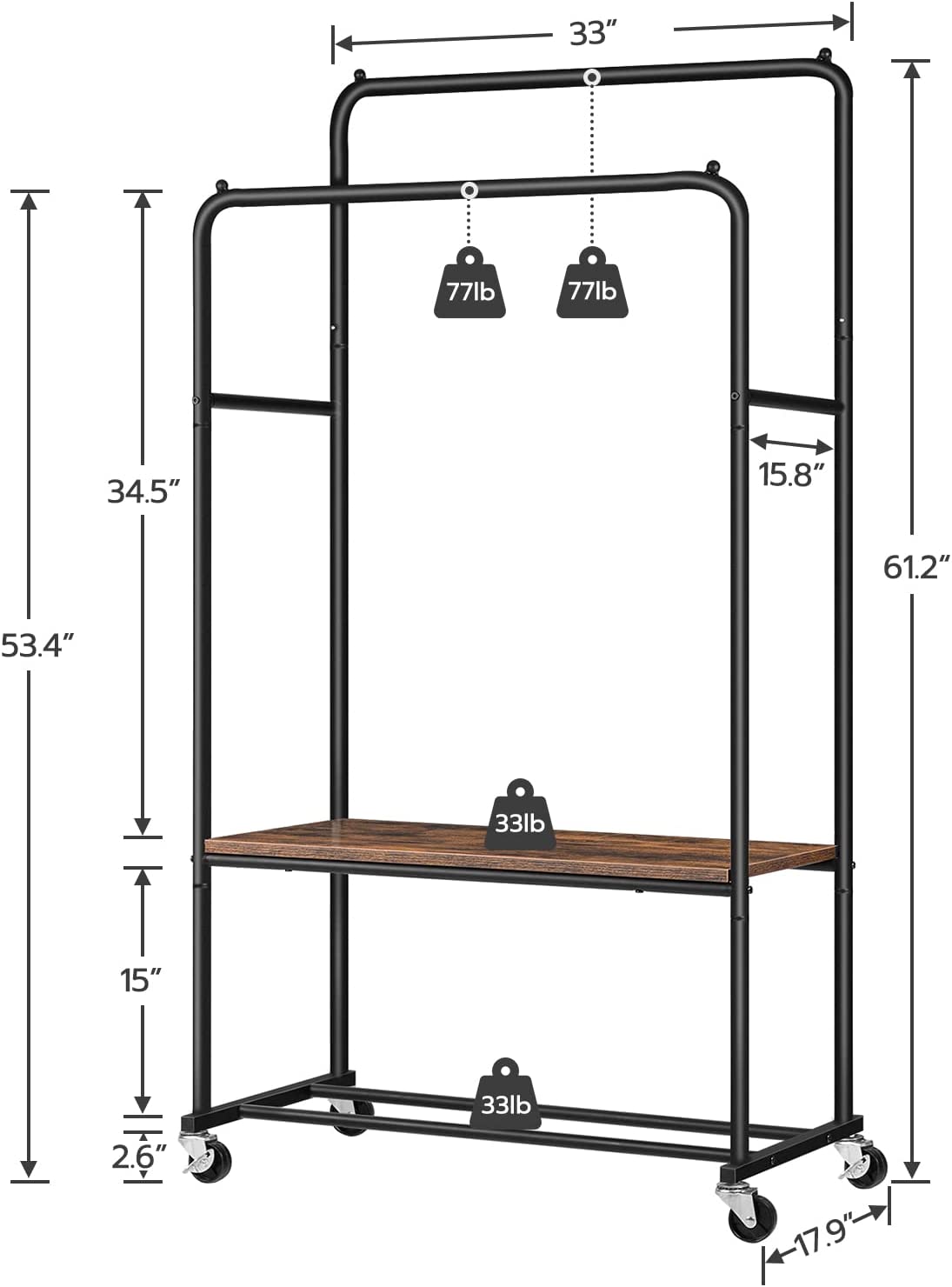 Clothes Rack, Rolling Clothing Rack with Shelf, Garment Rack on Wheels, Hanging Rack for Clothes