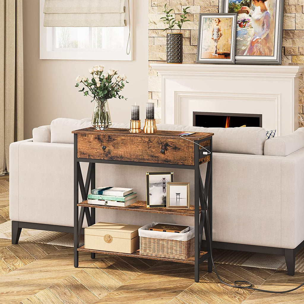 Console Table with Outlets and USB Ports, Narrow Entryway Table with Drawer