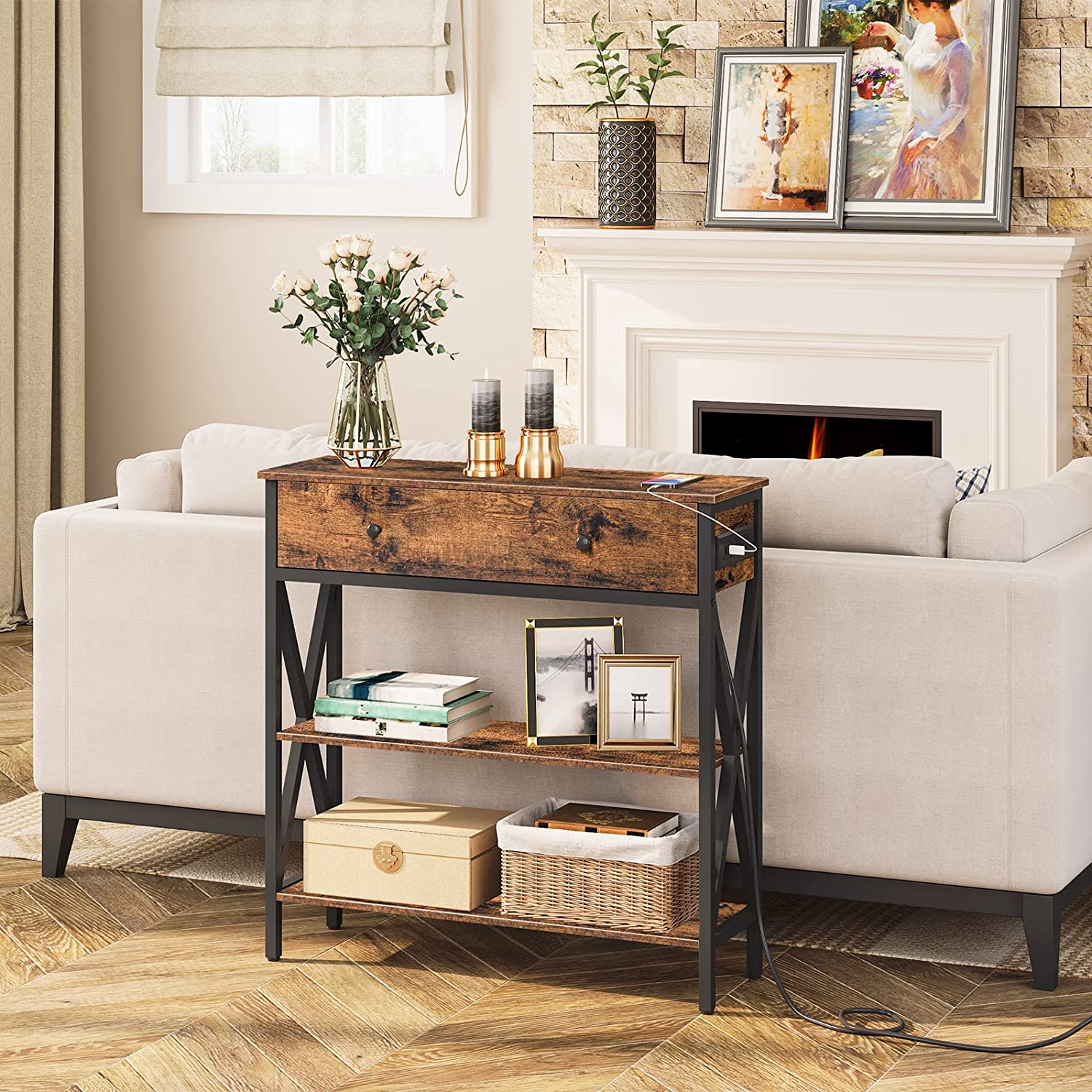 Console Table with Outlets and USB Ports, Narrow Entryway Table with Drawer