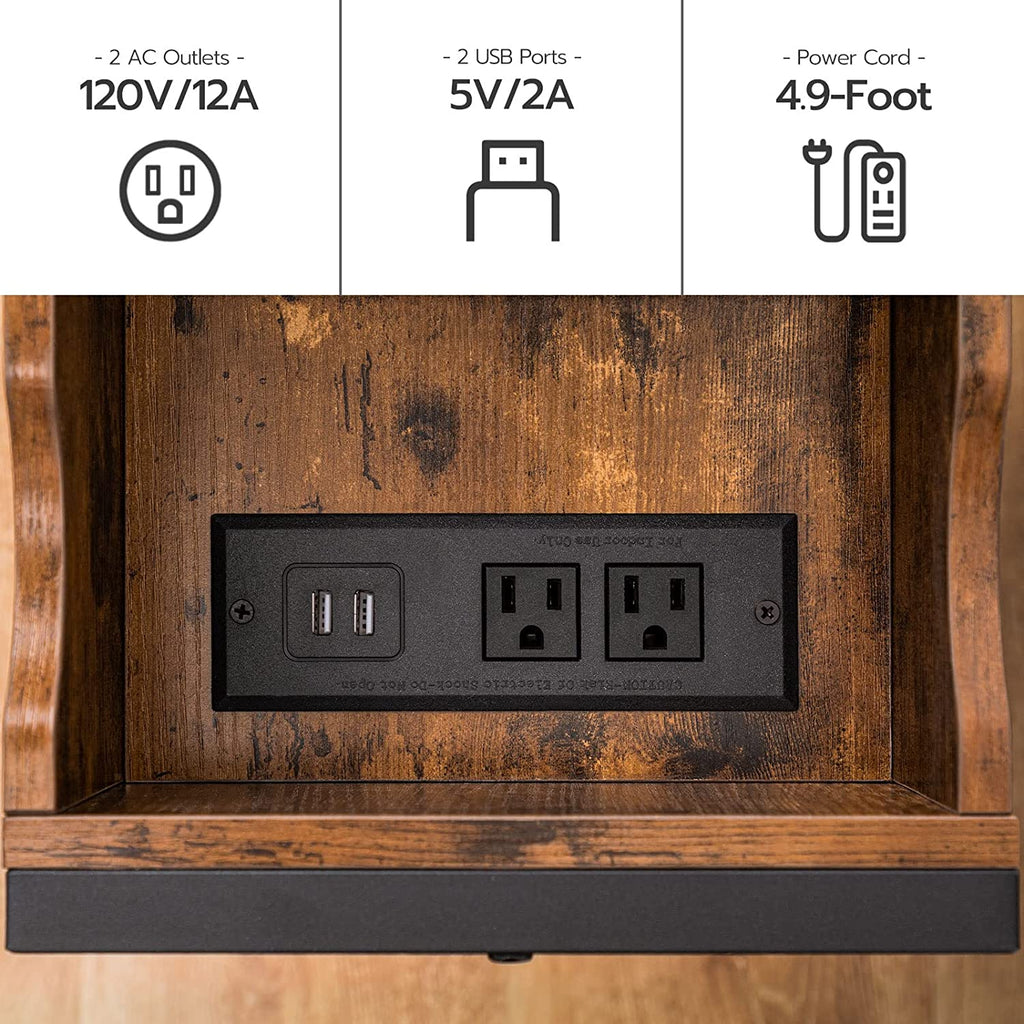 Side Table, Flip End Table with Charging Station and Shelves, USB Ports & Power Outlets, Narrow Nightstand