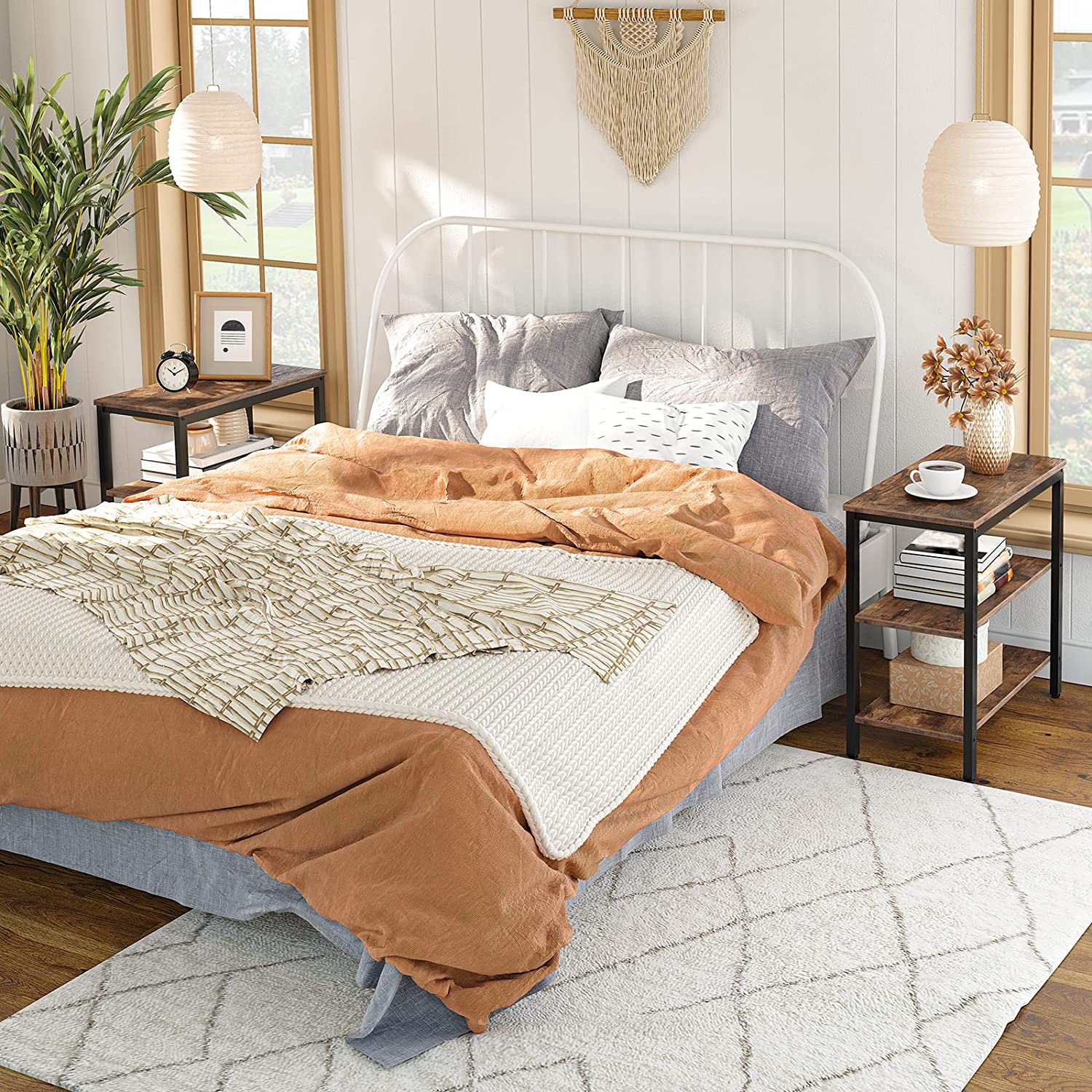 End Table, Simple Rustic Side Table with 3-Tier Storage Shelf, Narrow Nightstand