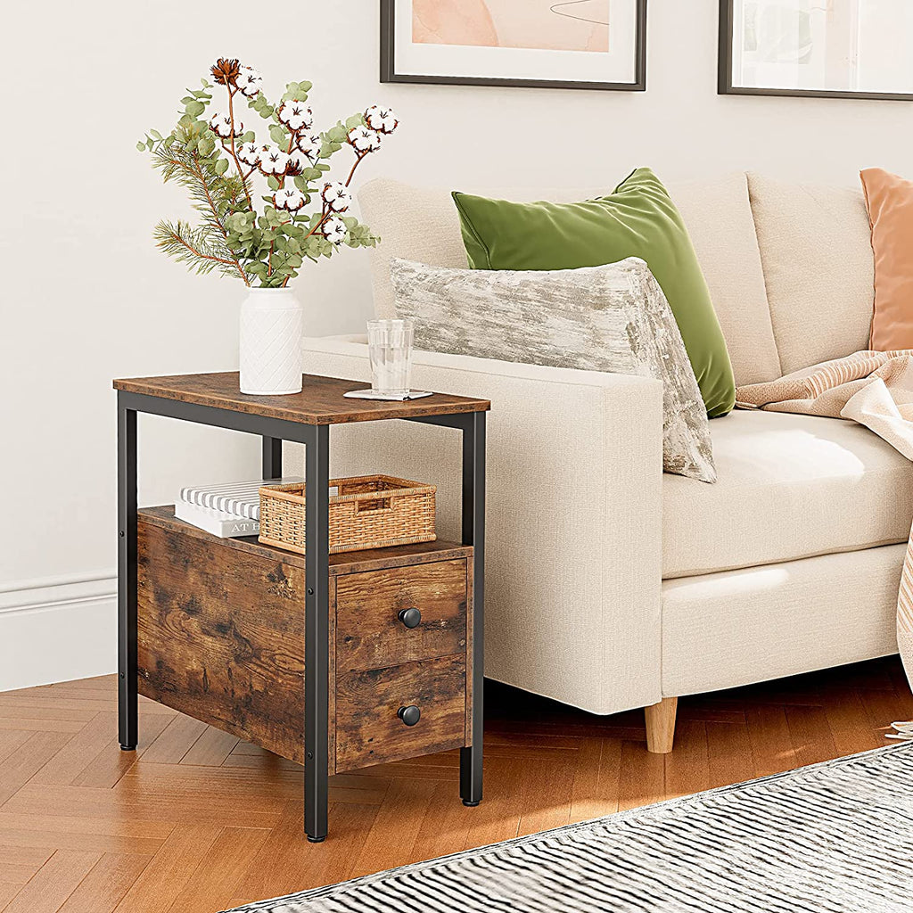 End Table, Narrow Chairside Table with Drawer and Open Storage Shelf