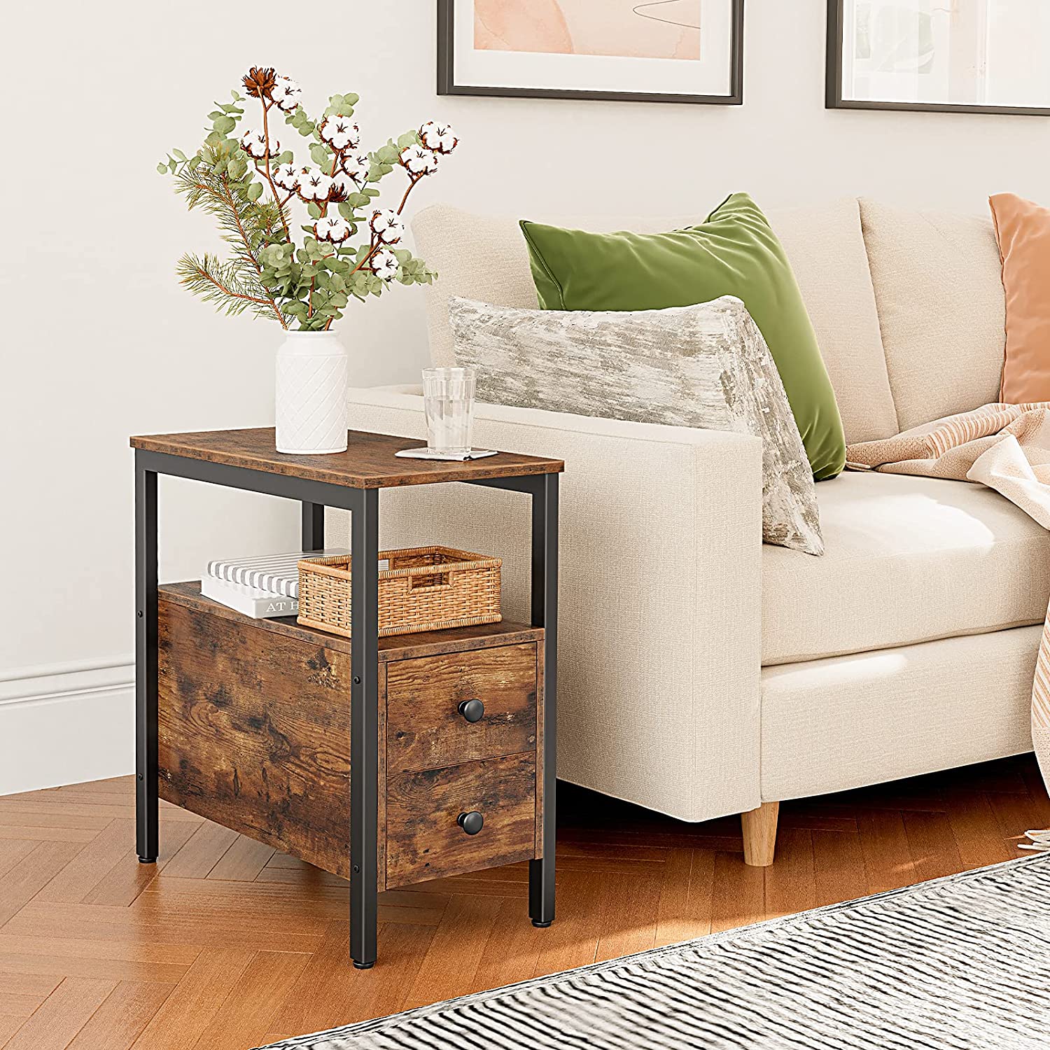 End Table, Narrow Chairside Table with Drawer and Open Storage Shelf