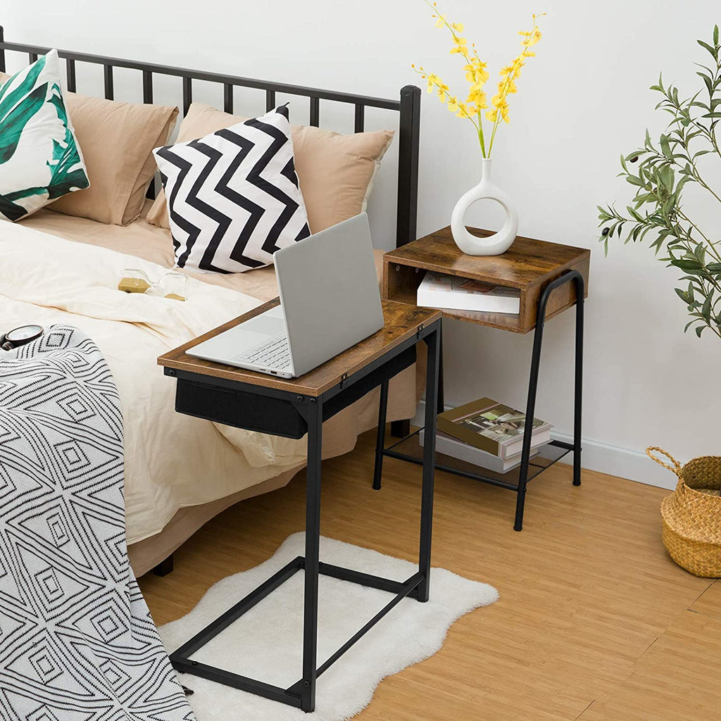 C-Shape Side Table, Flip Top Sofa End Table with Fabric Basket