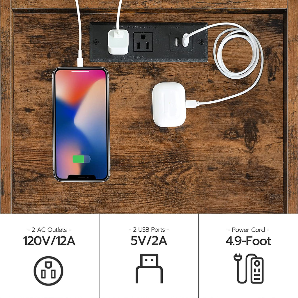 End Table with Charging Station, Nightstand with Open Drawer, Side Table with USB Ports and Outlets