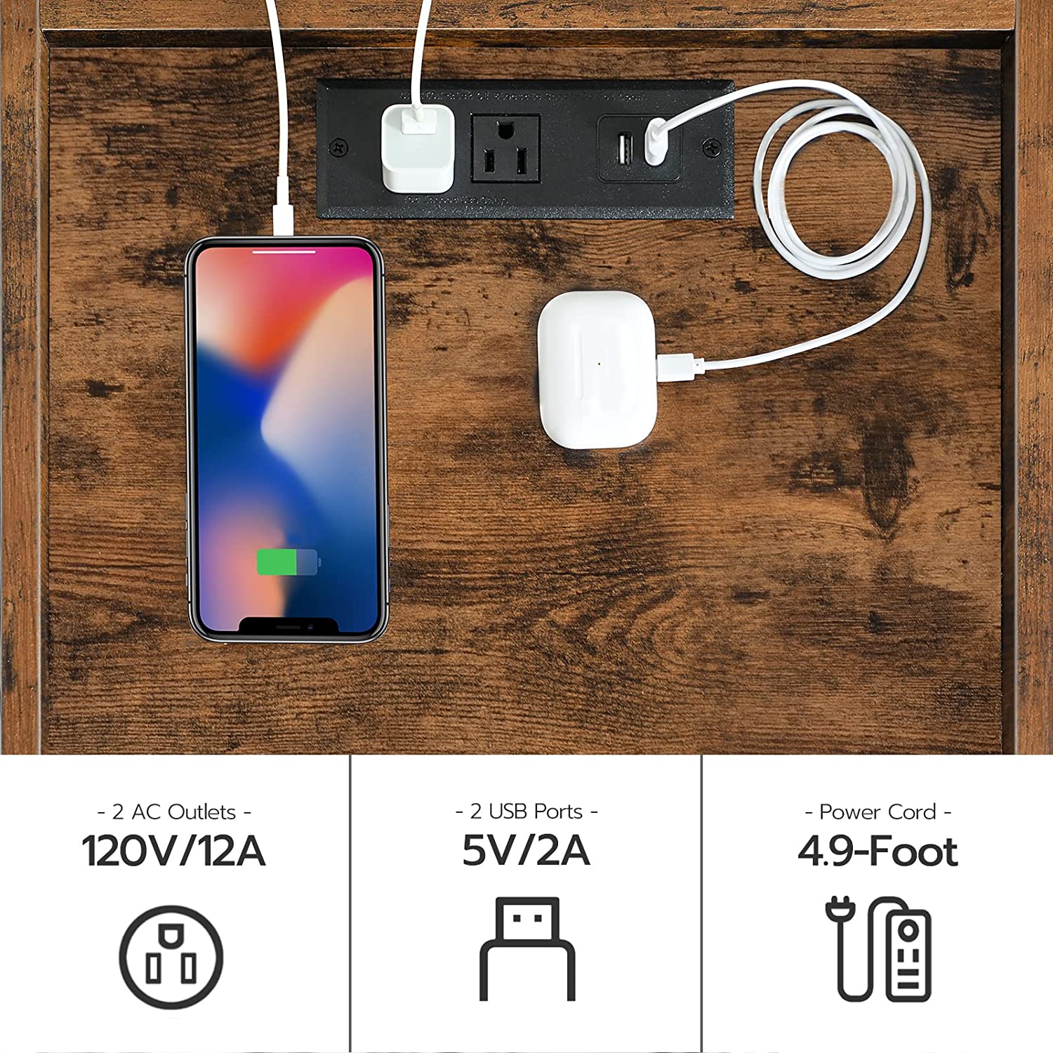 End Table with Charging Station, Nightstand with Open Drawer, Side Table with USB Ports and Outlets