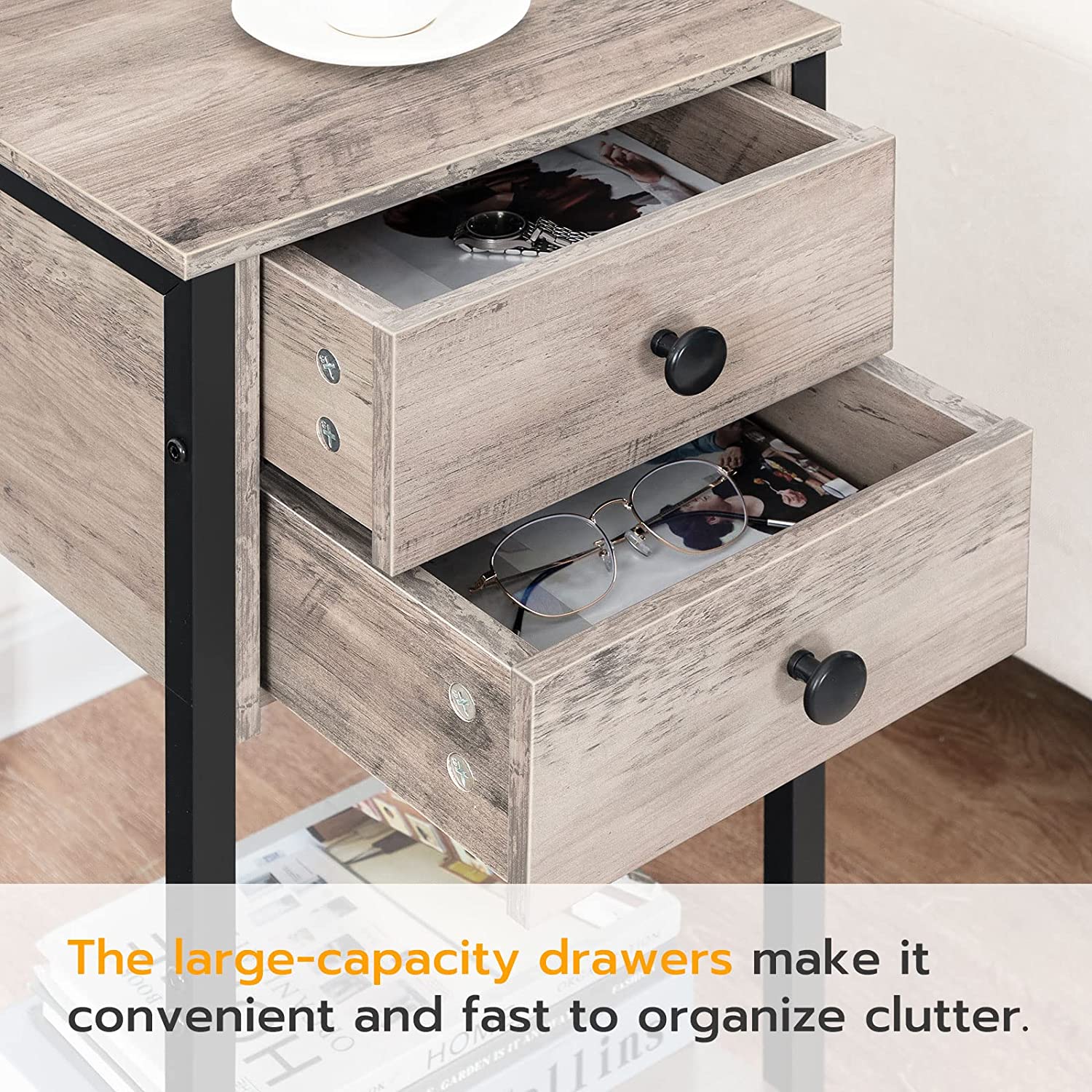 Tall Nightstand, Bedside Table with 2 Drawers and Storage Shelf, Industrial Telephone End Table