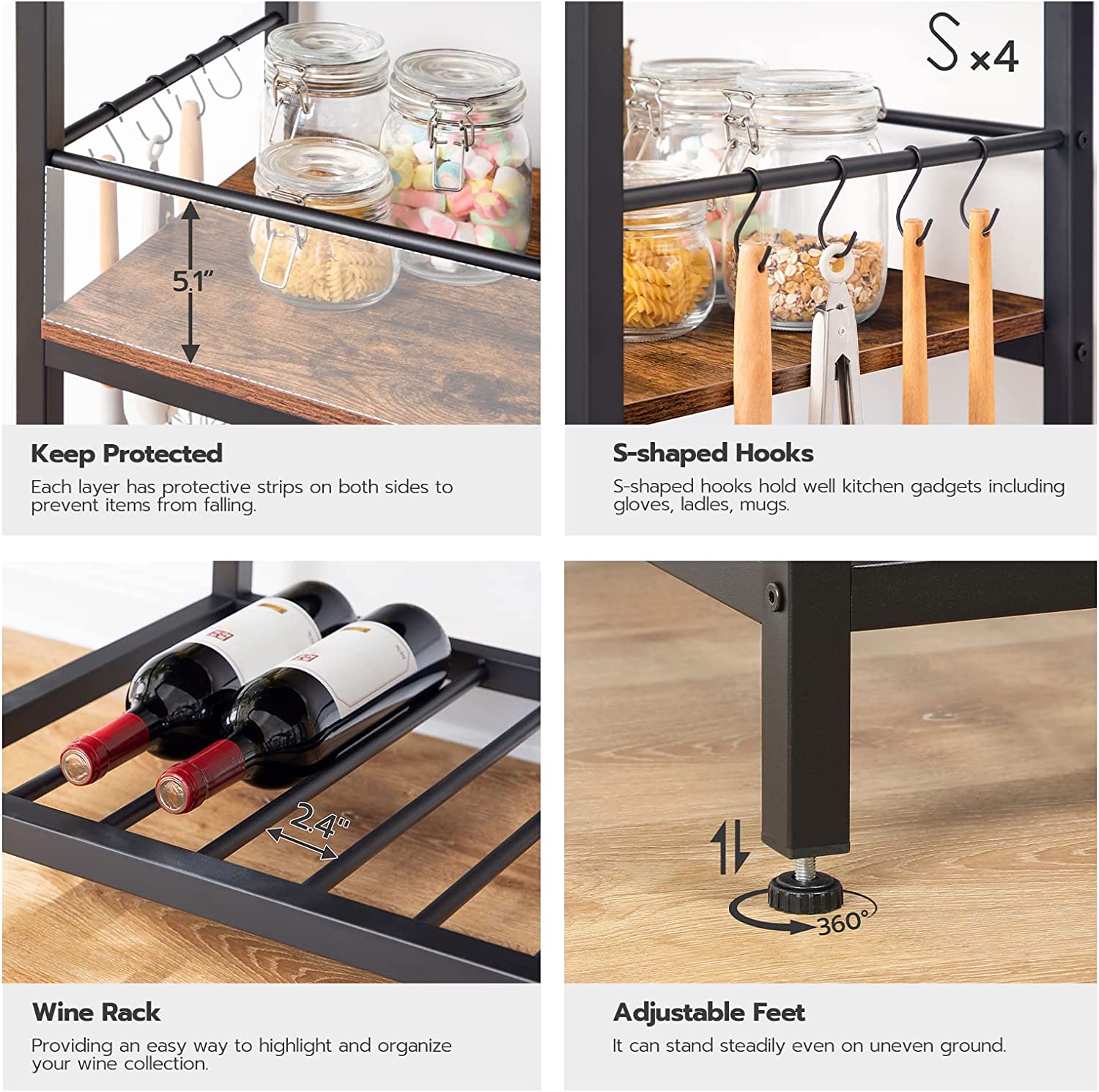 Kitchen Island with Wine Rack,Industrial Kitchen Counter with Hooks and Protective Rails, 3 Tier Kitchen Shelf