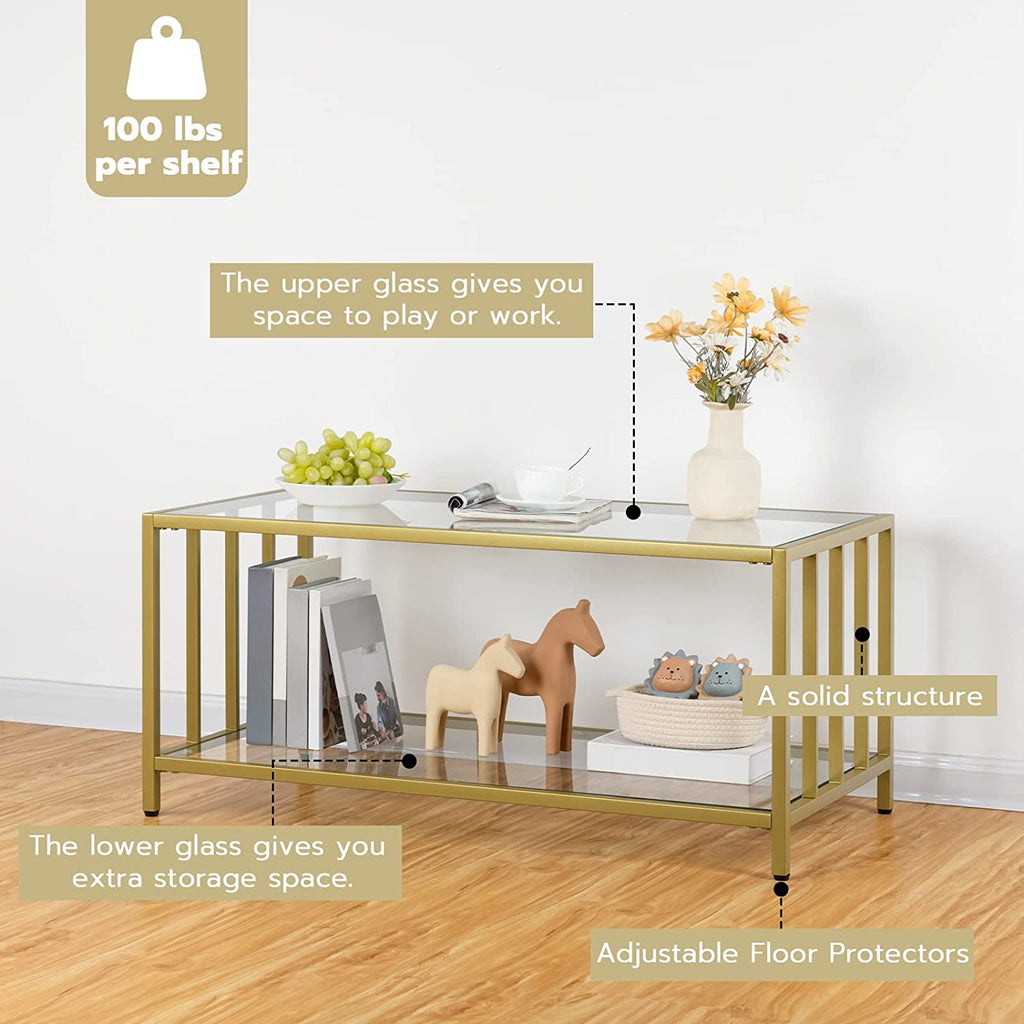 Glass Coffee Table, 2-Layer Gold Rectangle Coffee Table