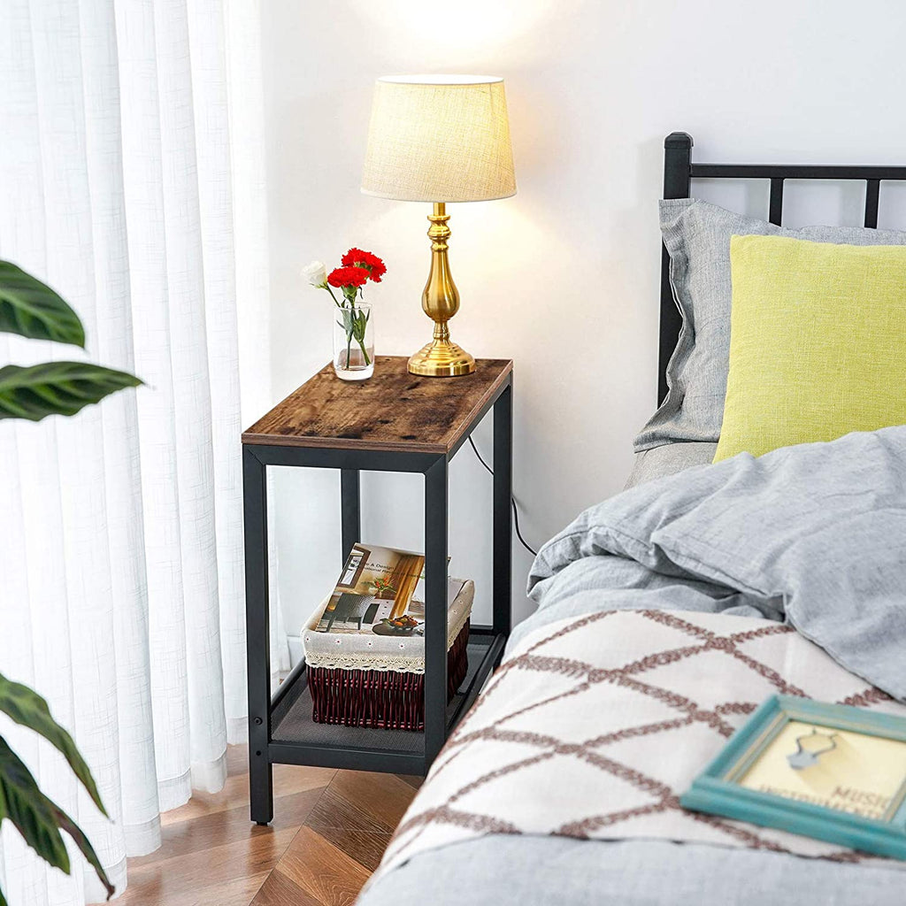 Side Table, Set of 2 Narrow Nightstands, Industrial End Table with Adjustable Mesh Shelf