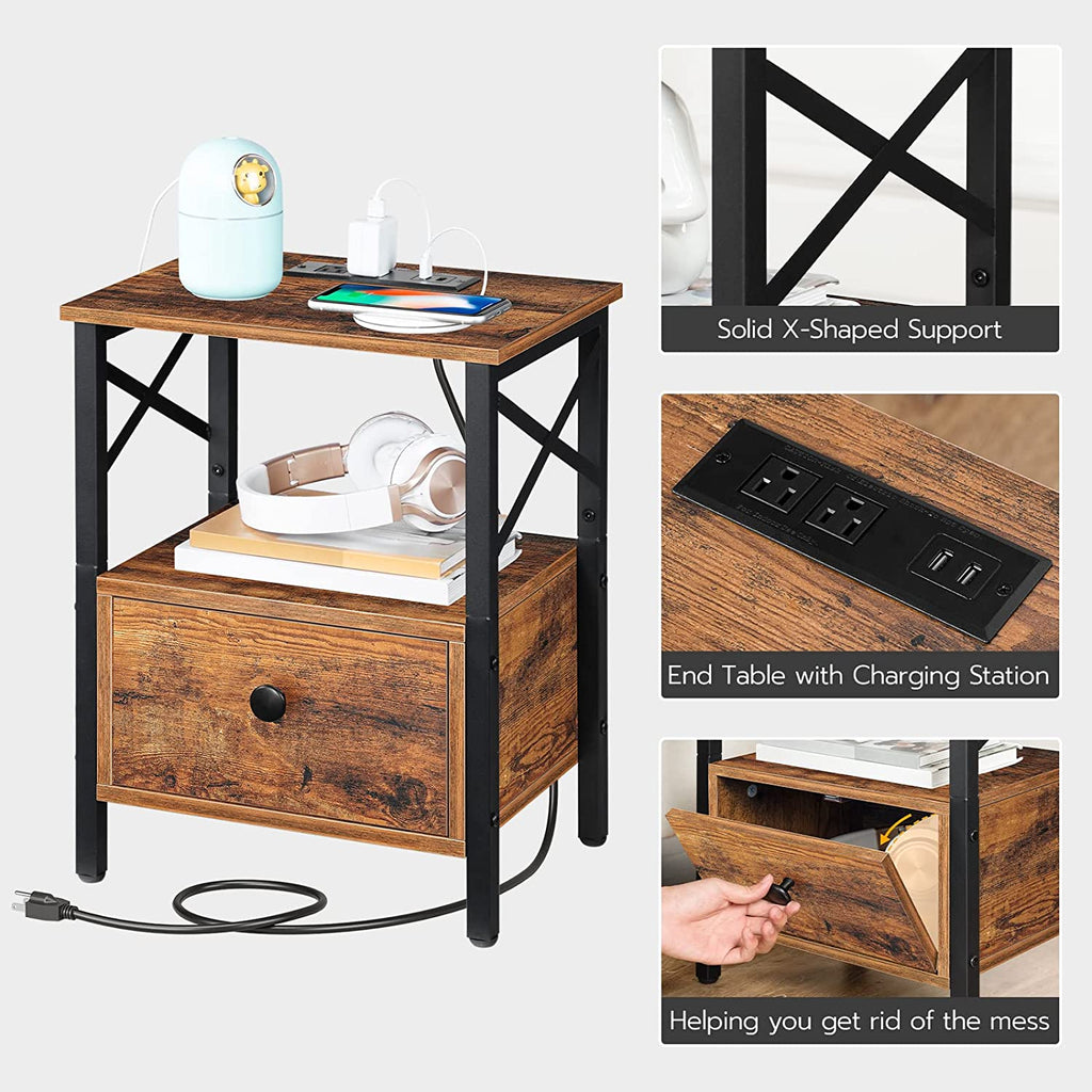 Nightstand with Charging Station, End Table with Drawer, USB Ports and Power Outlets