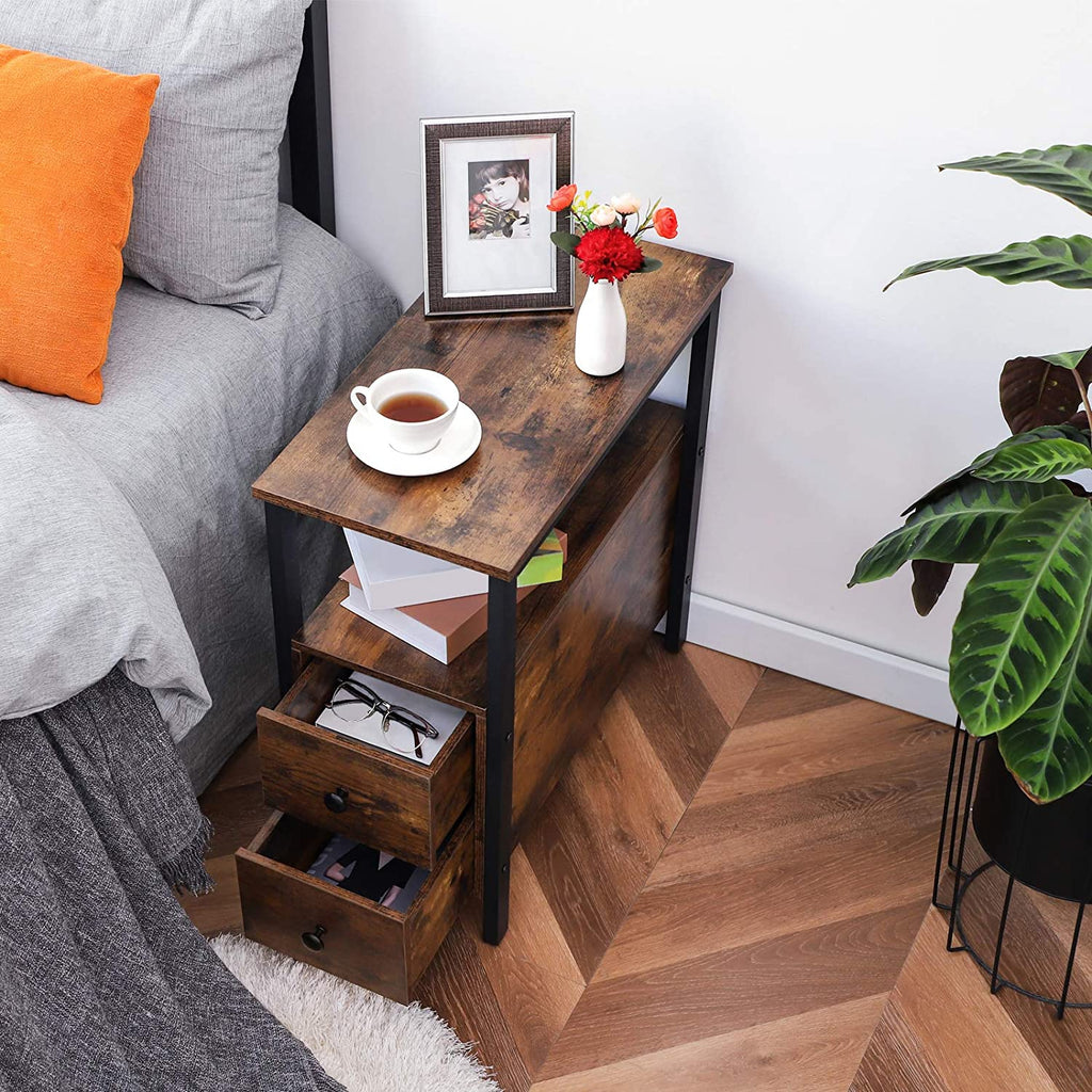 End Table, Set of 2, Side Table with 2 Drawer and Open Shelf, Narrow Nightstand