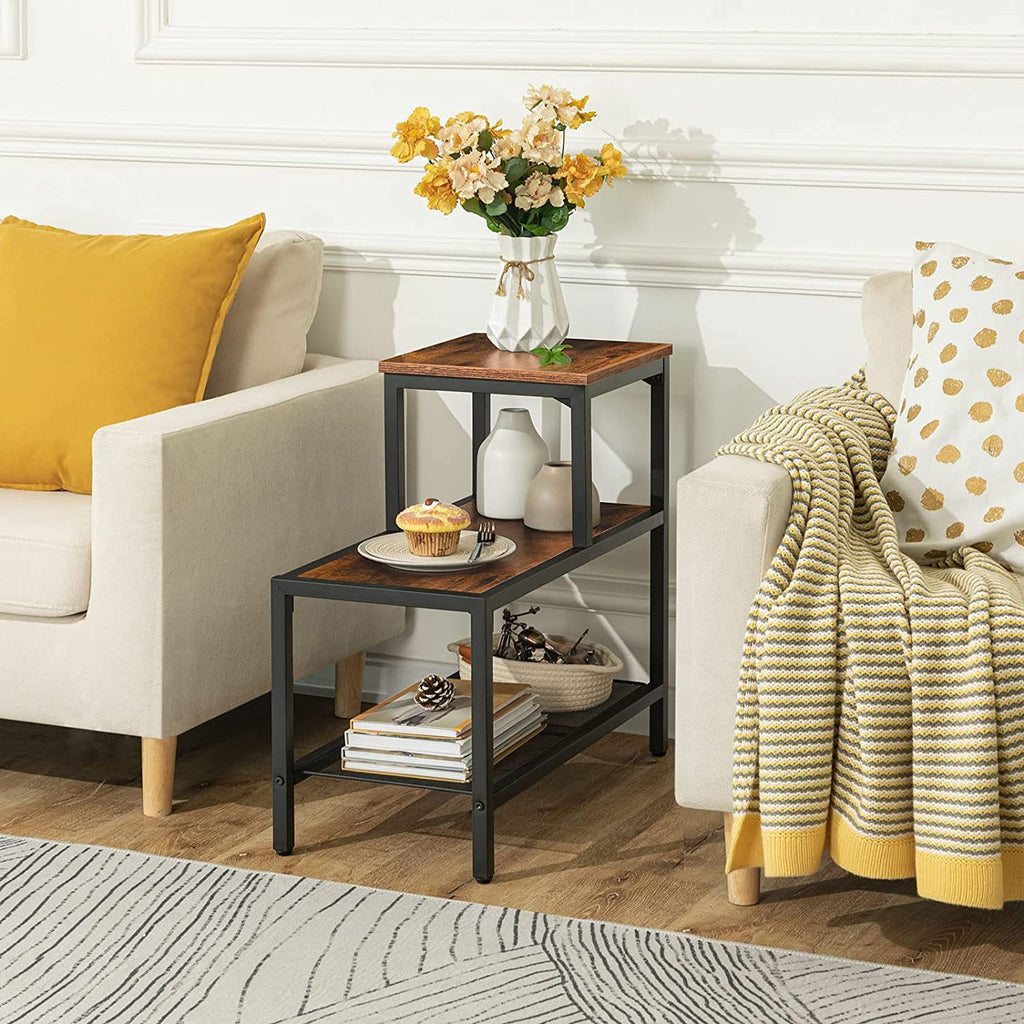 Side Table, 3-Tier Narrow Nightstand with Accent Decorative Ladder Shelf, Industrial Sofa End Table