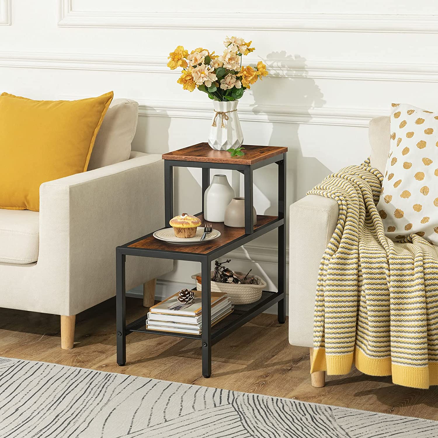 Side Table, 3-Tier Narrow Nightstand with Accent Decorative Ladder Shelf, Industrial Sofa End Table