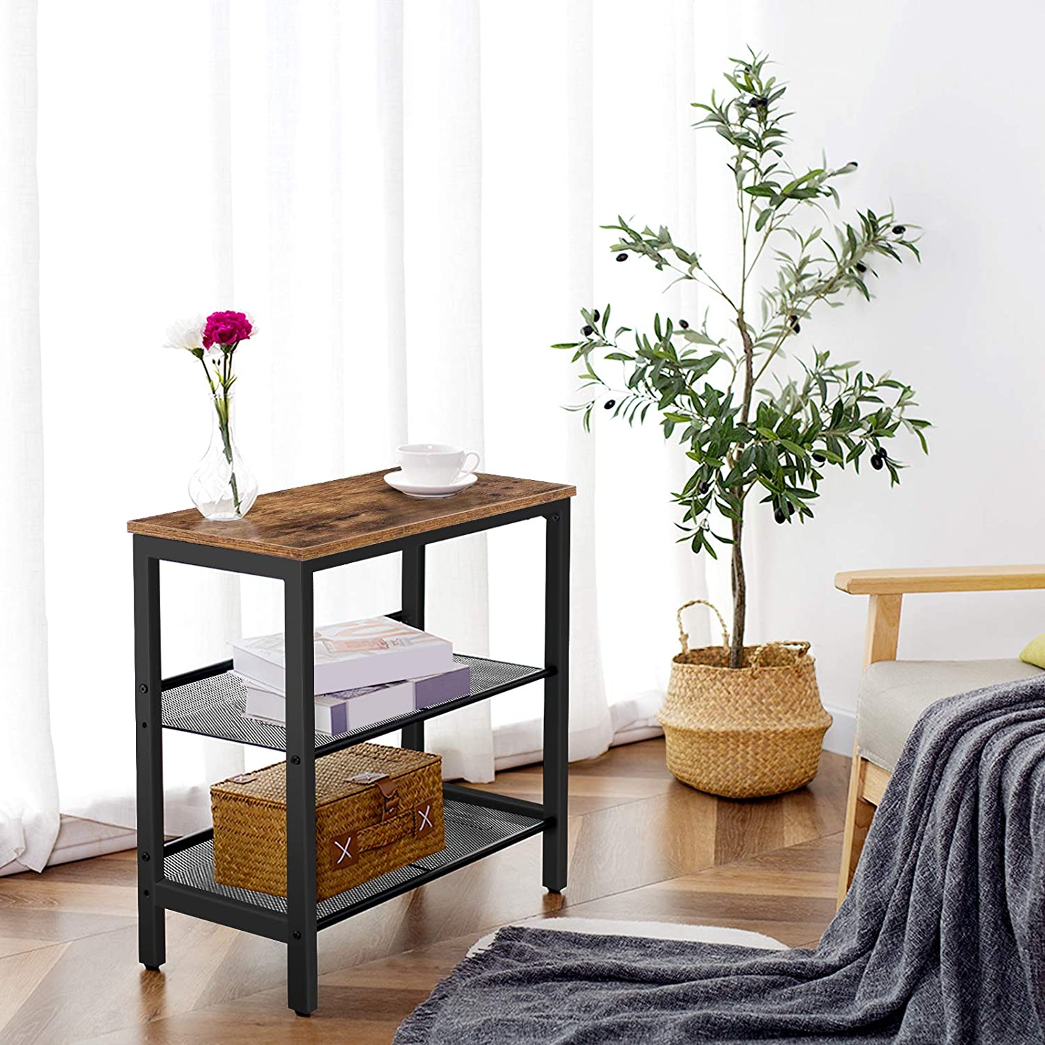 Side Table, 3-Tier Narrow End Table, Nightstand with 2 Flat or Slant Adjustable Shelves