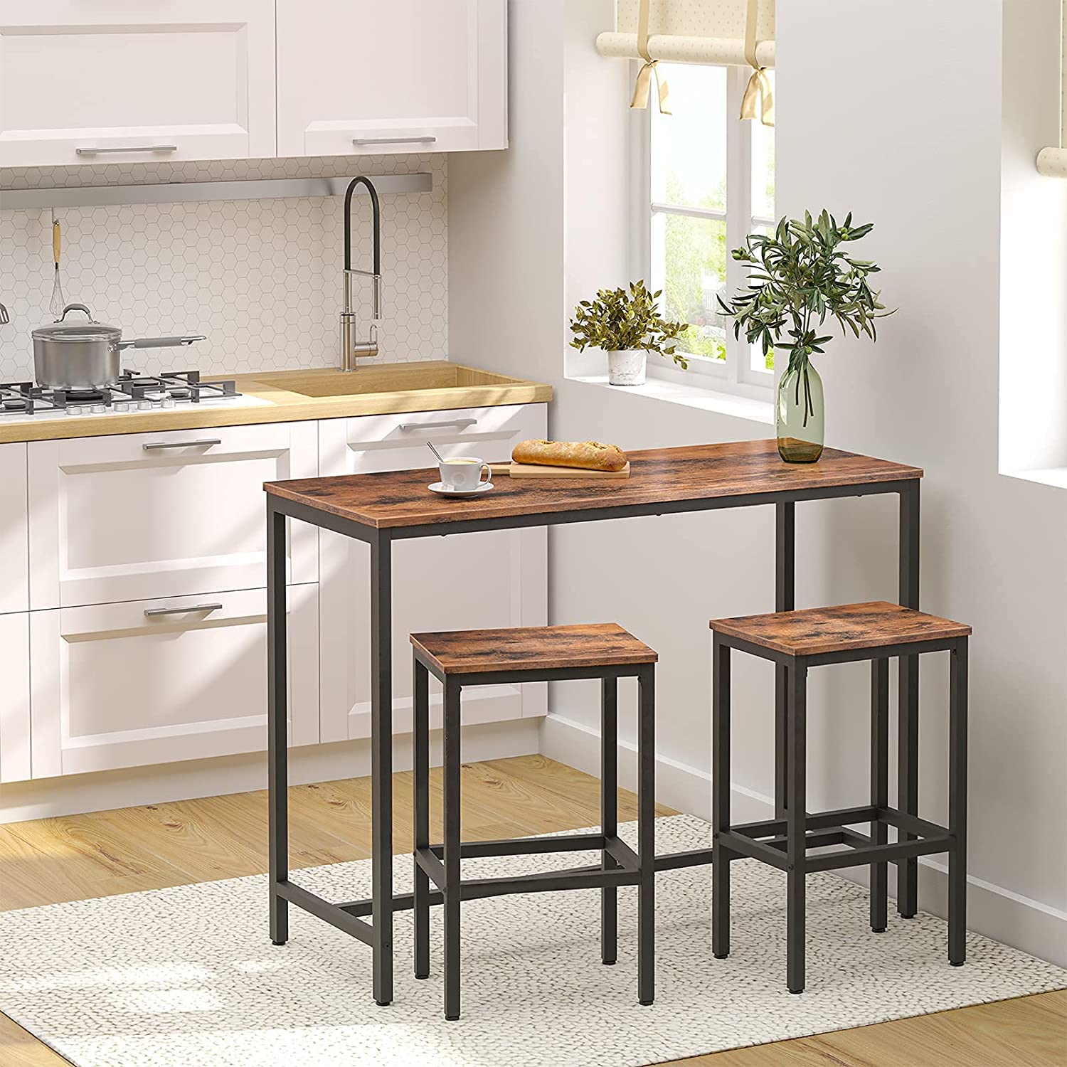 Bar Table and Chairs Set, Rectangular Pub Bar Table and 2 Bar Stools