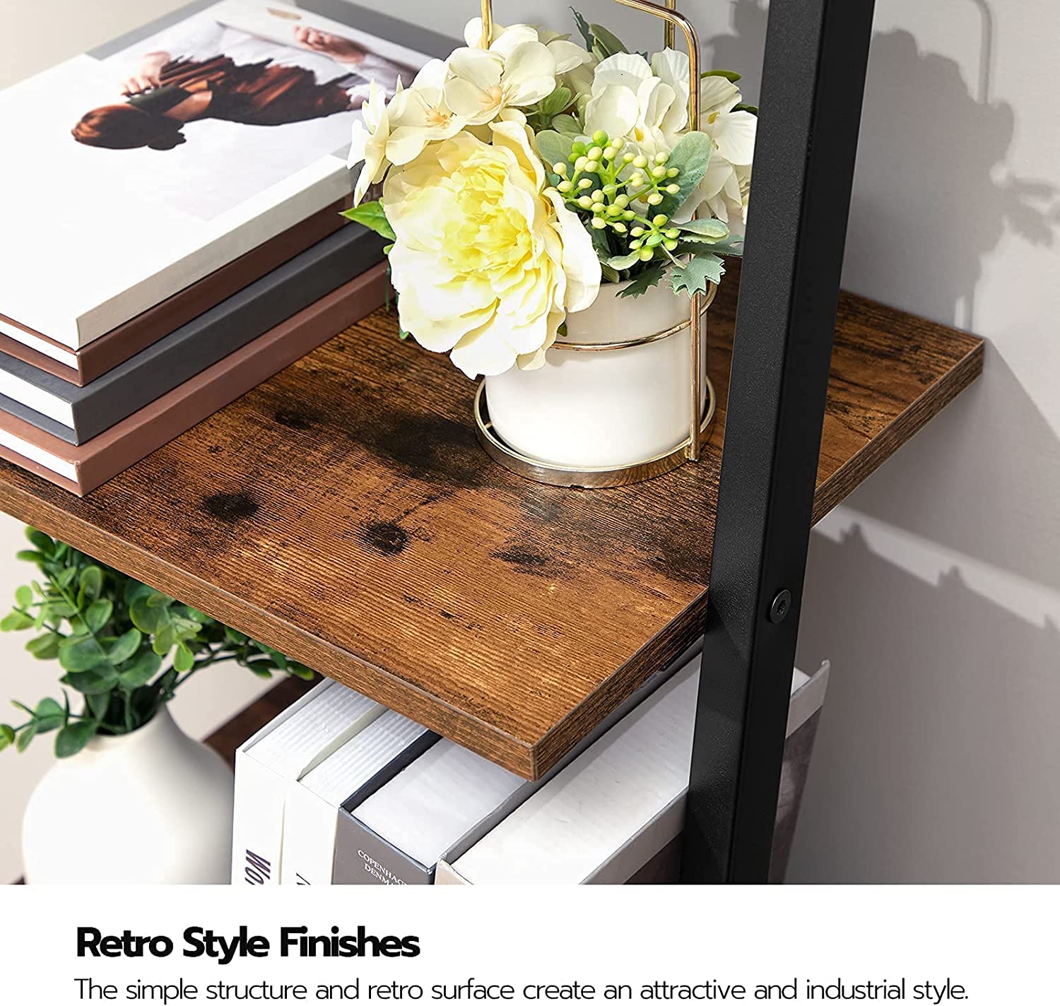 Ladder Shelf Leaning Shelf, 5-Tier Narrow Bookshelf, Leaning Bookshelf with Steel Frame